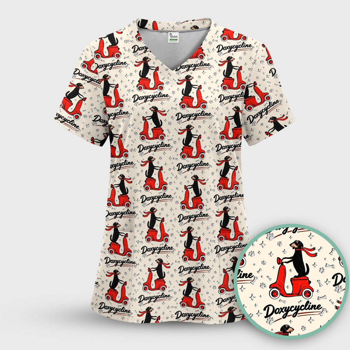 Funny Dachshund Riding Scooter Doxycycline Print Scrub Top ,Comfortable Scrubs for Nurses