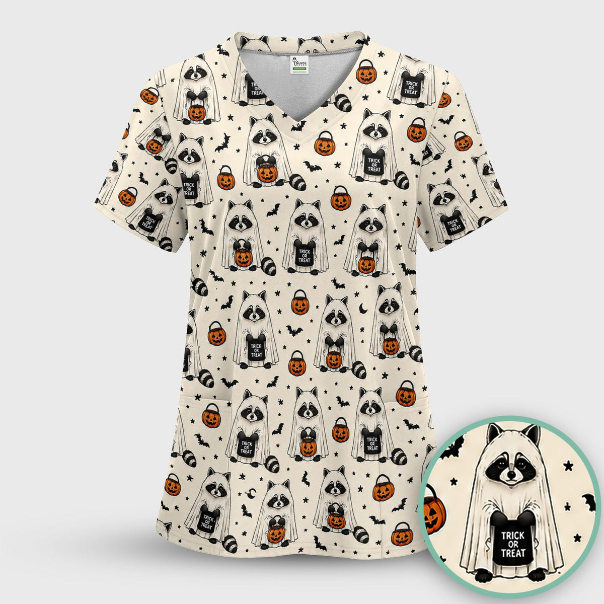Halloween Ghost Raccoon Nurse Scrub Top