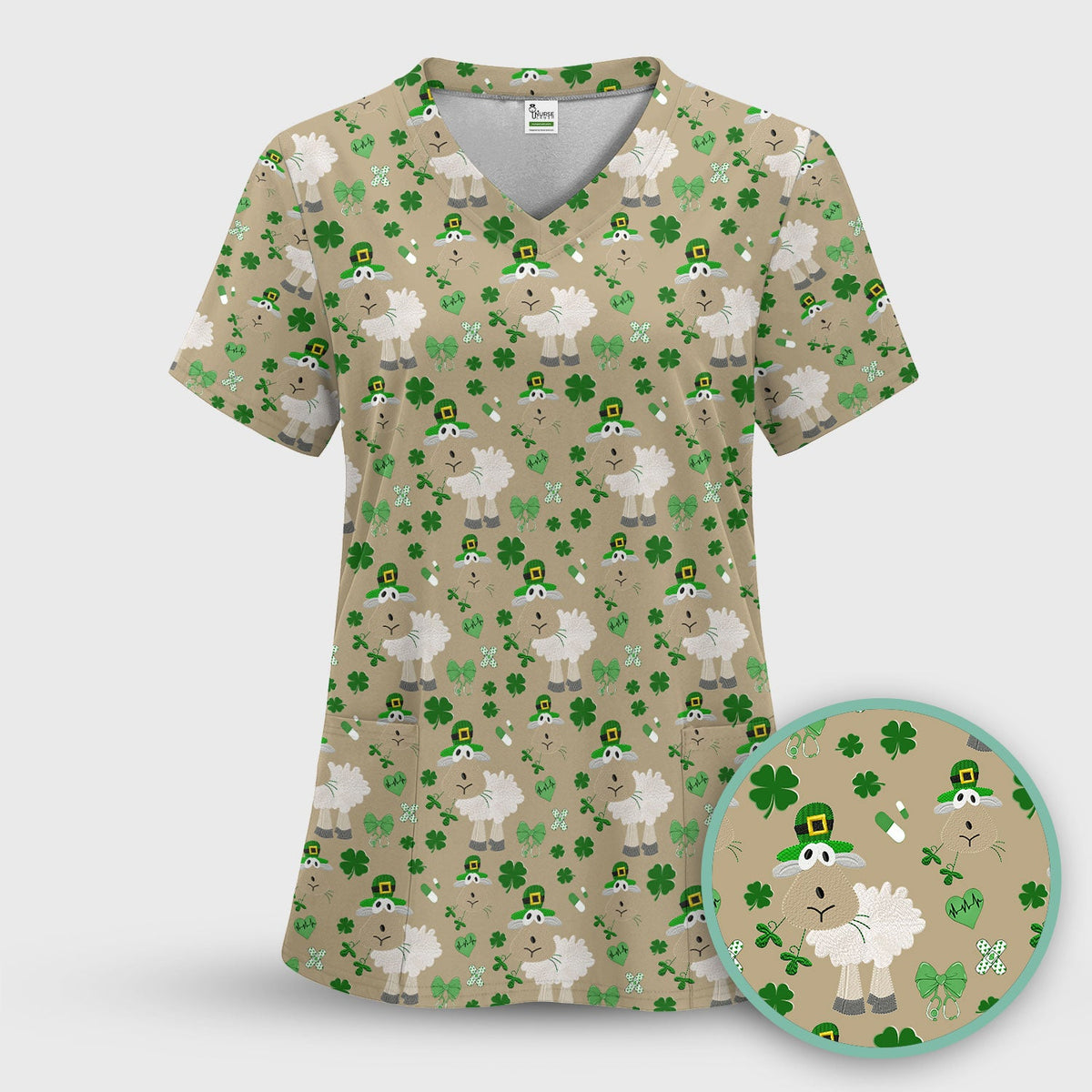 Nurse St. Patrick's Day Scrubs Top, Cute Sheep Shamrock Pattern Nurse Shirt, Breathable Fabrics Nursing Uniform