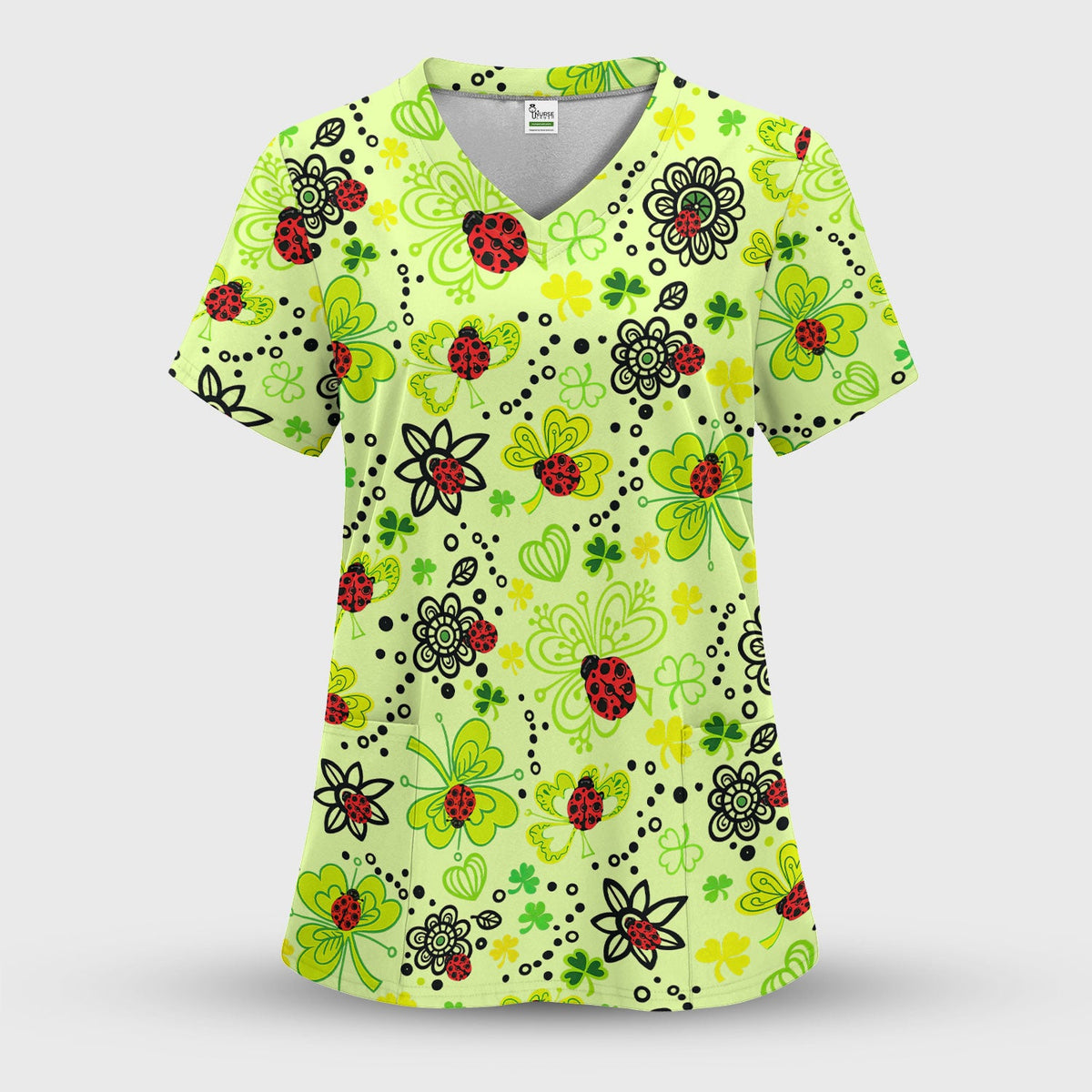 Ladybug Clover Floral Pattern Print Scrubs Nurses, Breathable Fabrics Nursing Uniform