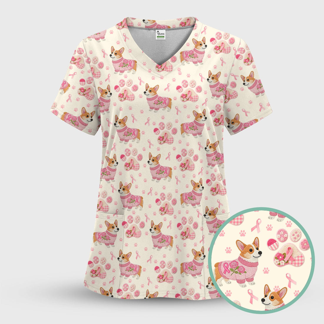 Corgi Pink Ribbon Breast Cancer Awareness Nurse Scrub Top