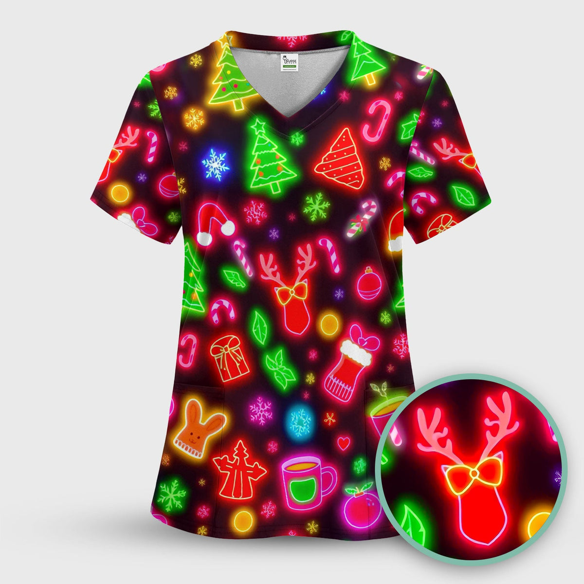 Neon Reindeer Nurse Scrub Top