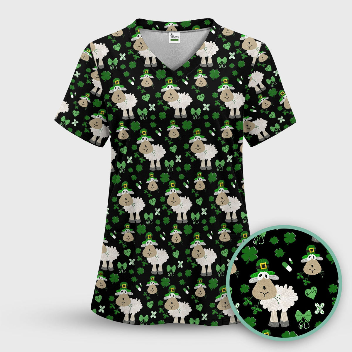 Nurse St. Patrick's Day Scrubs Top, Cute Sheep Shamrock Pattern Nurse Shirt, Breathable Fabrics Nursing Uniform