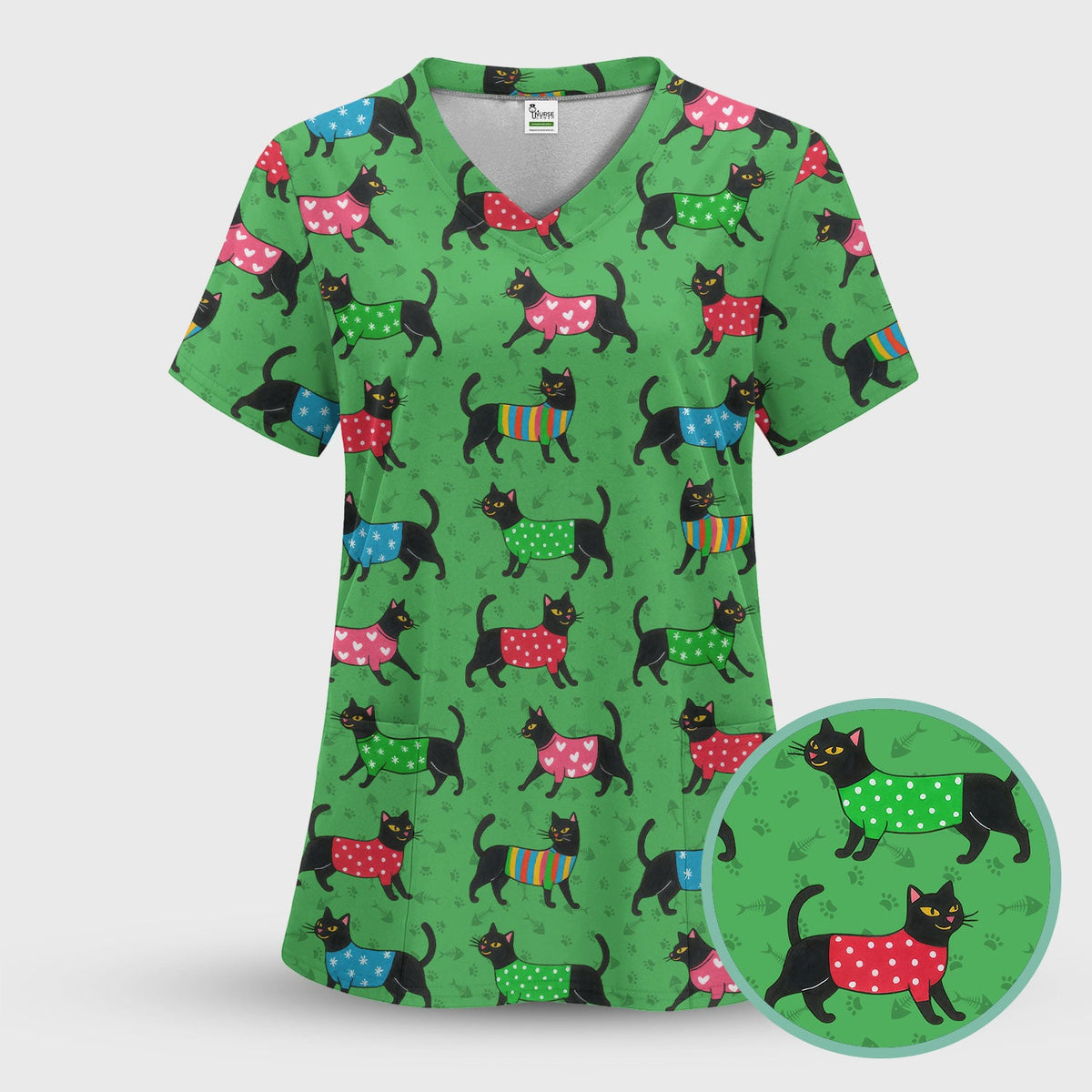 Black Kitty Nurse Scrub Top