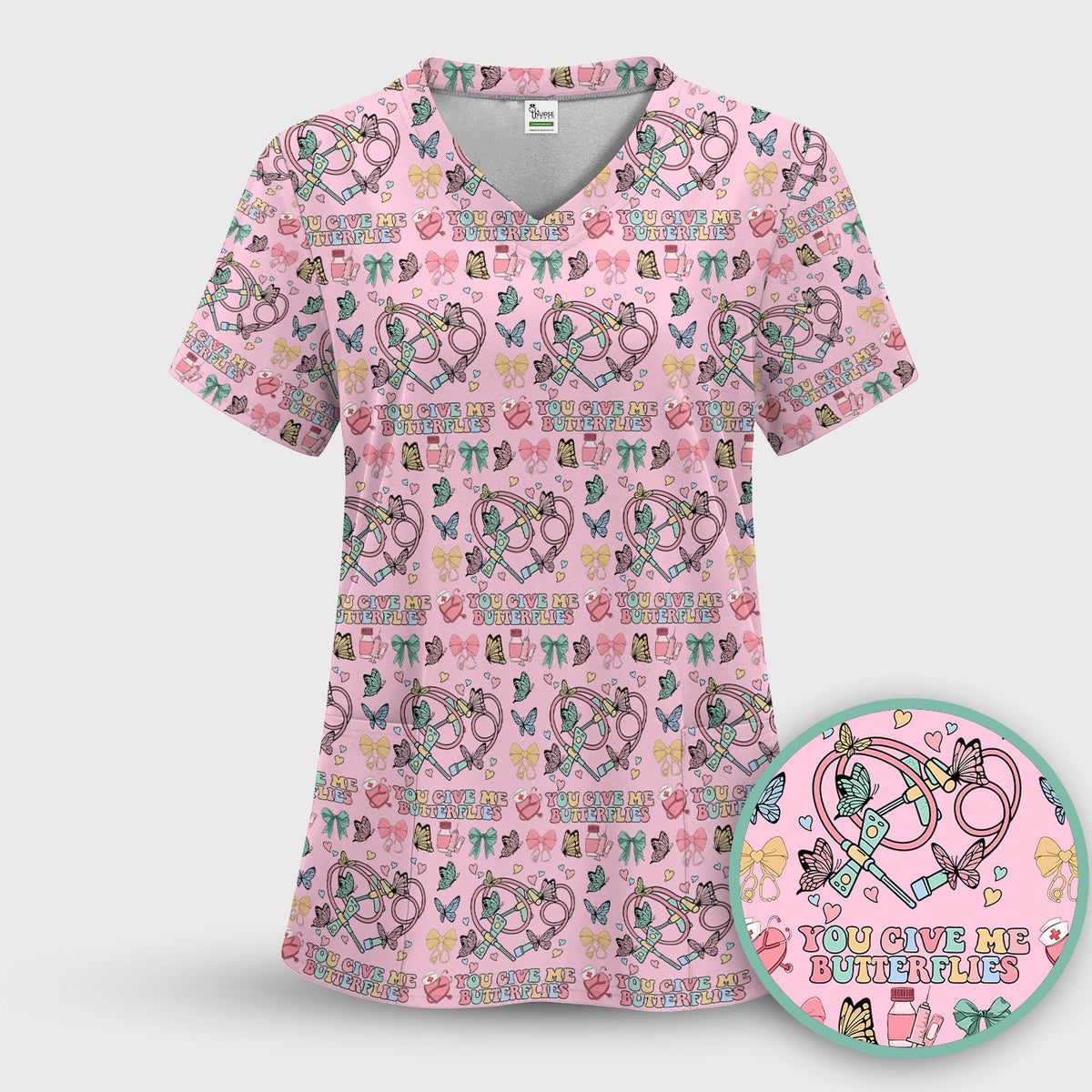 Butterfly Heart Nurse Scrub Top - Valentines Day Gift