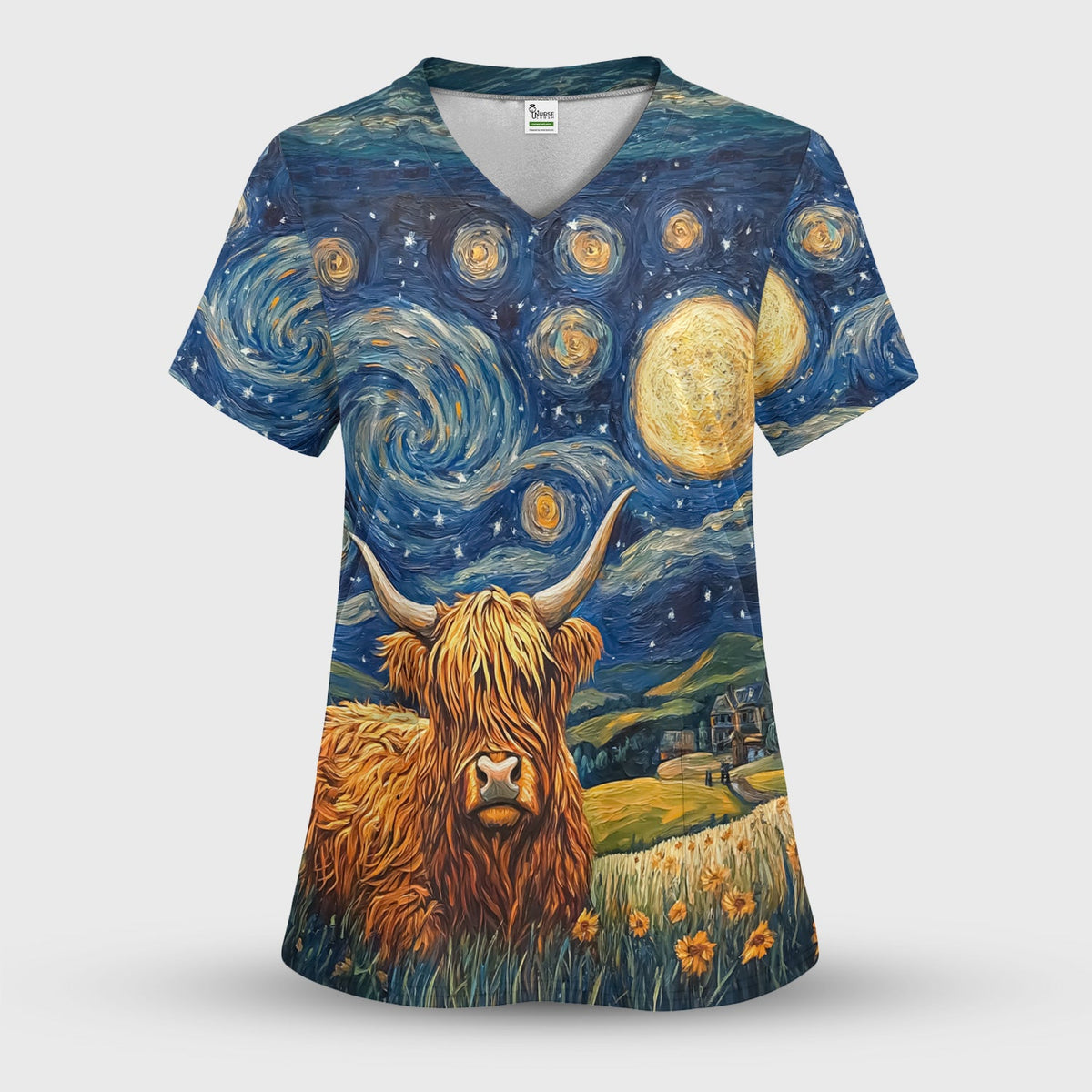 Artistic Highland Cow Starry Night Scene Pattern Scrub Set, Scrub Pants and V Neck Top