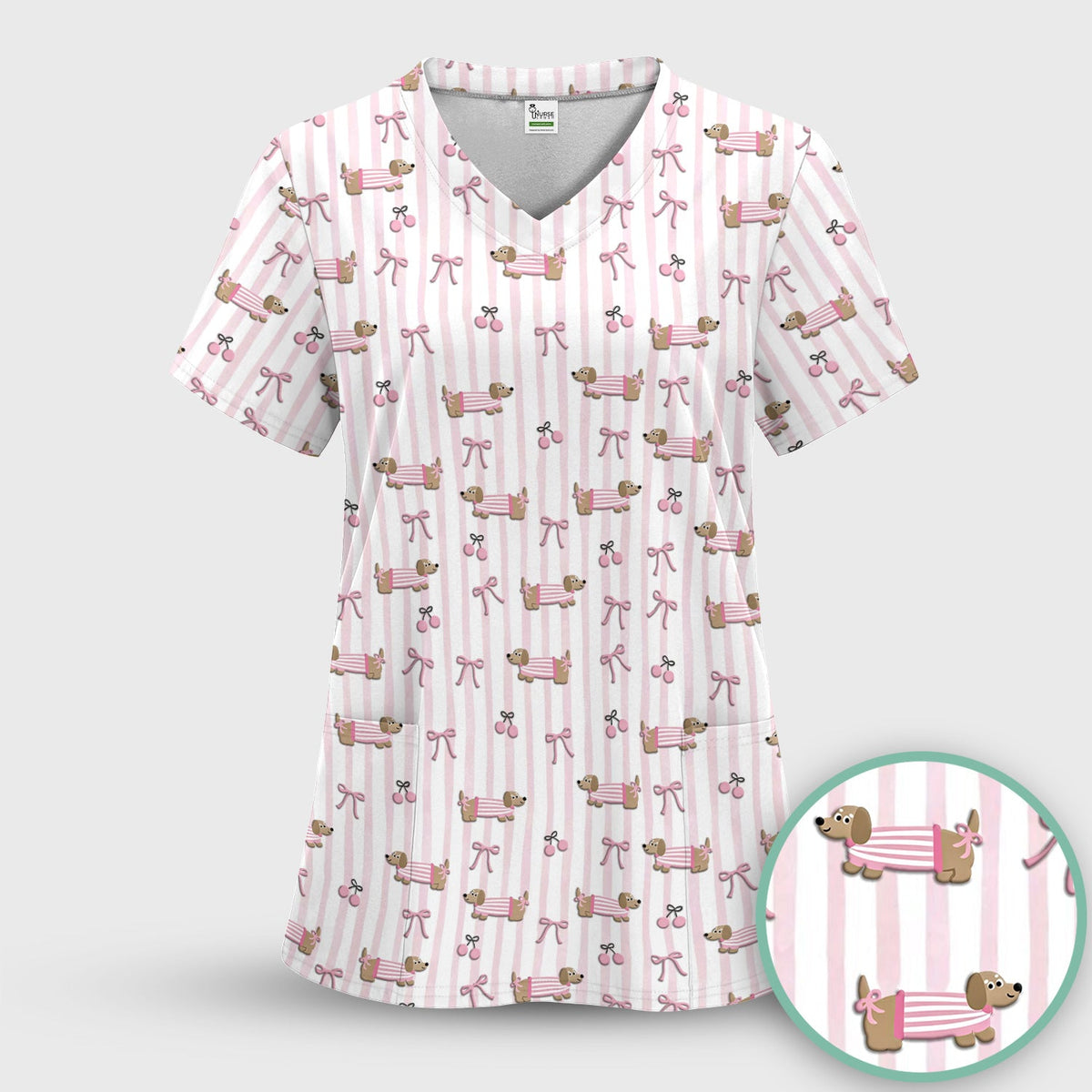 Dachshund Pink Stripe Nurse Scrub Set
