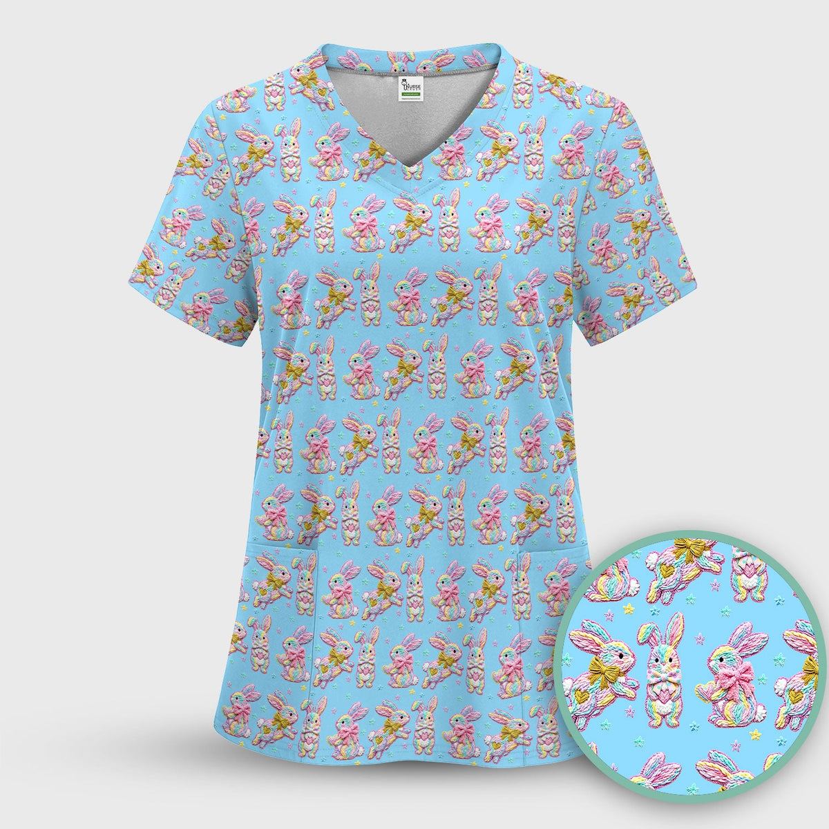 Cartoon Bunny Nurse Scrub Top - Easter Gift