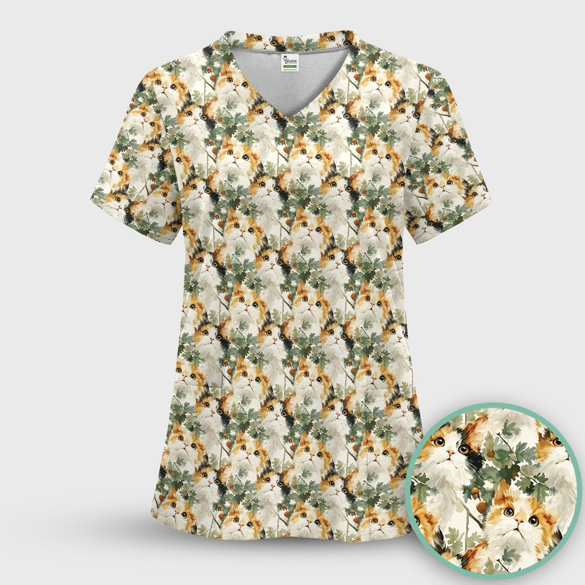 Fluffy Calico Cat Oak Leaves Nurse Scrub Top