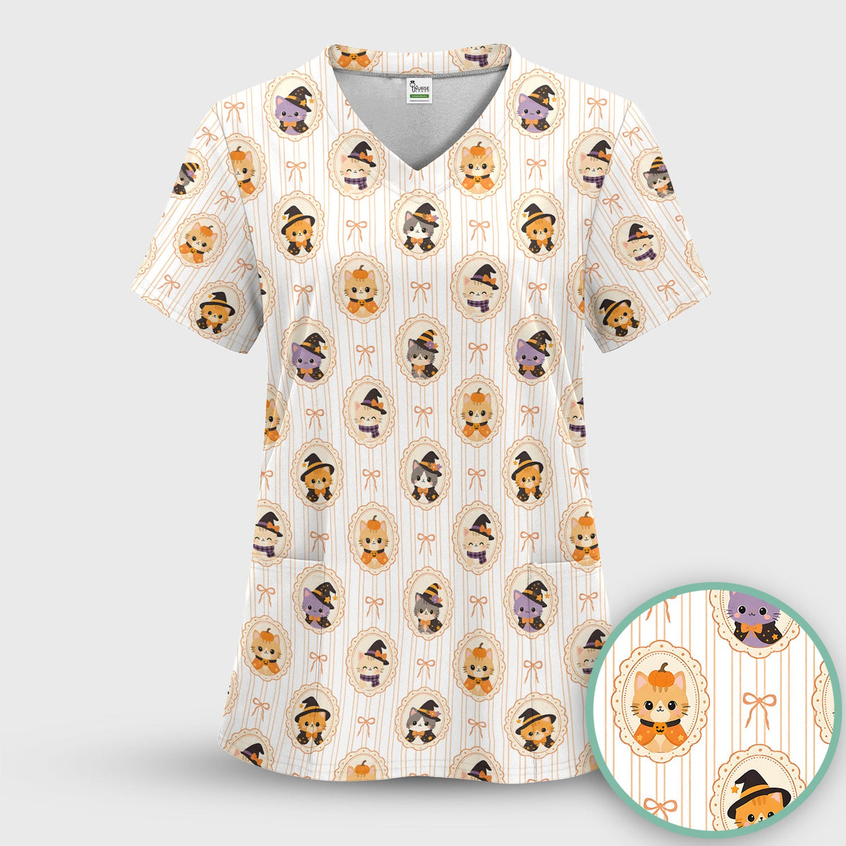 Halloween Cat Stripe Nurse Scrub Top