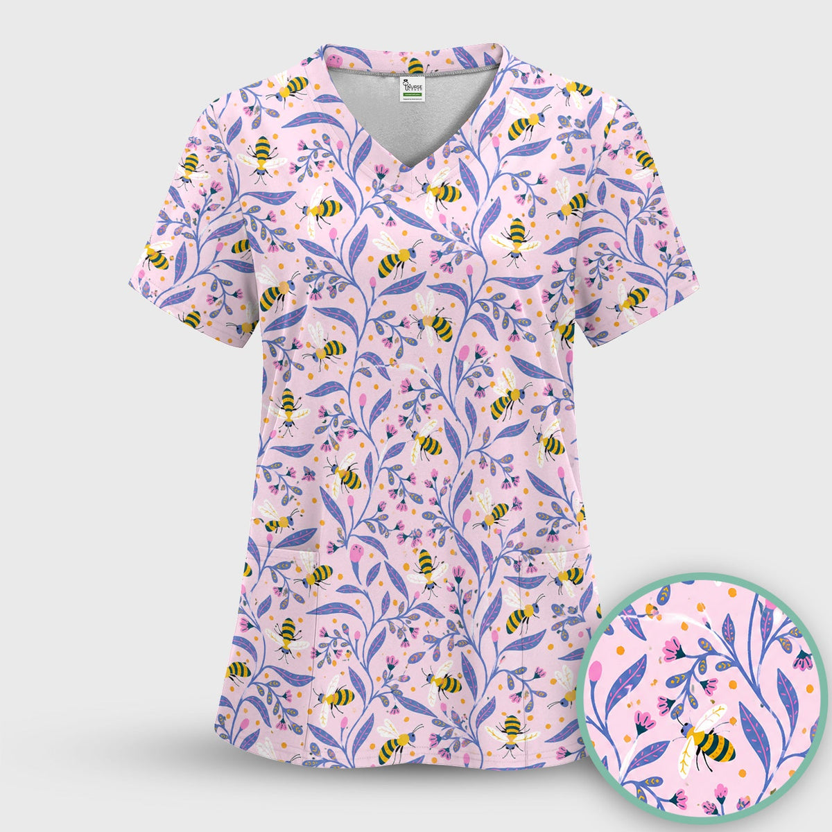 Cute Bumble Bee Floral Nurse Scrub Top