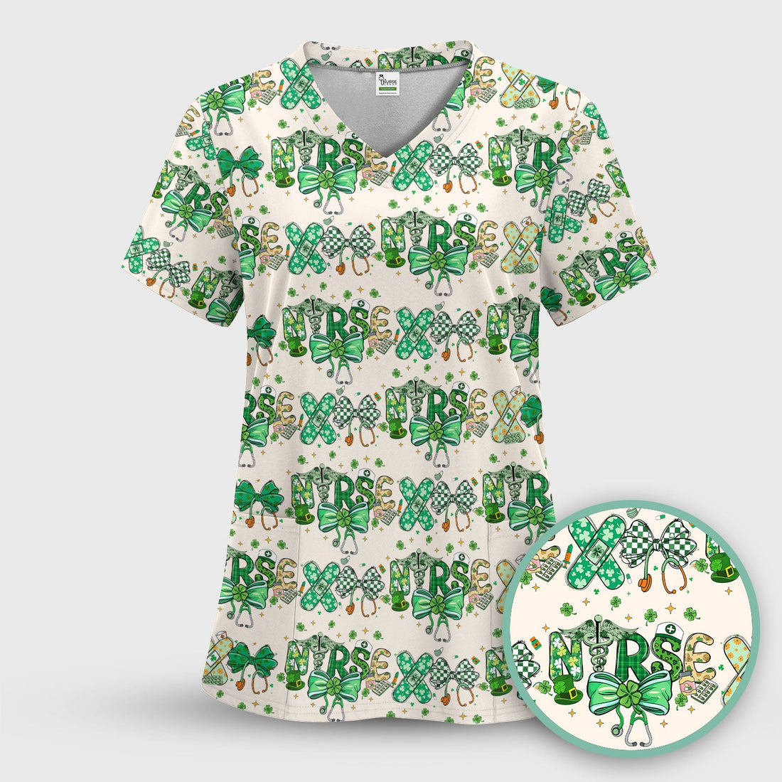 St Patrick Clover Green Bow Nurse Scrub Top