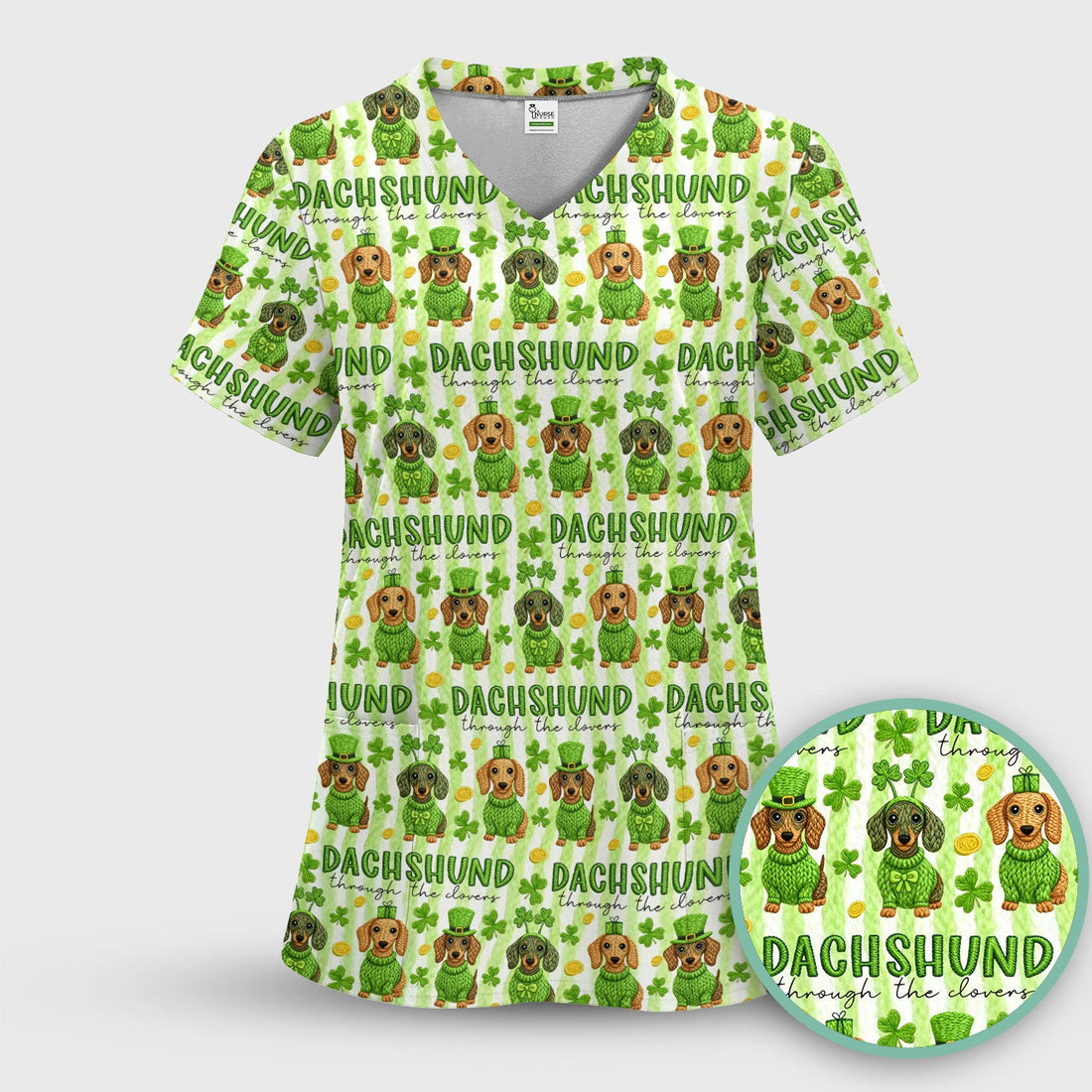Wiener Dog St. Patrick’s Day Scrub Top, Shamrock Dachshund Pattern Nurse Shirt, Breathable Fabrics Nursing Uniform