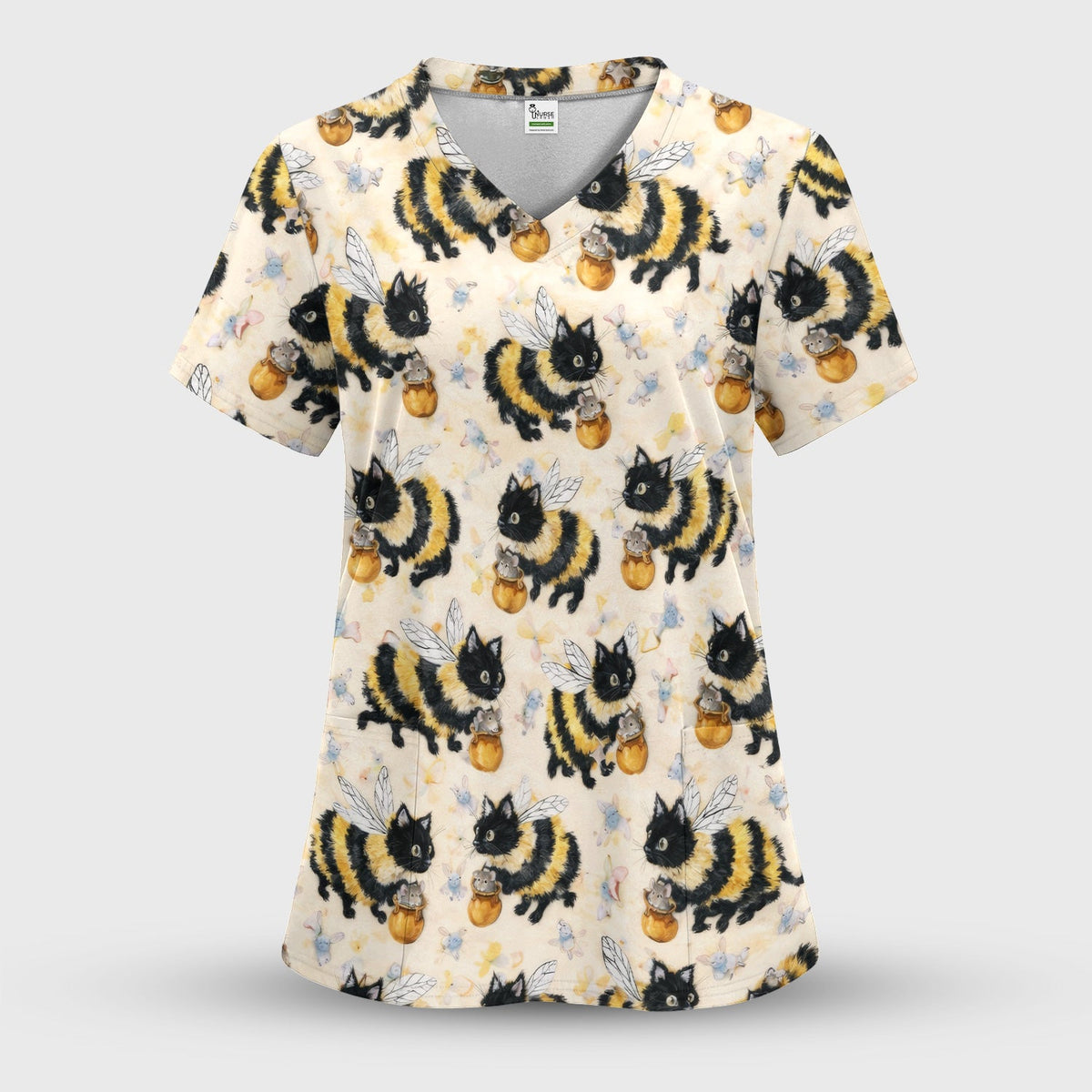 Adorable Nurse Bumblebee Cat Honey Jar Winged Pattern Scrub Top, Comfortable Scrubs for Nurses