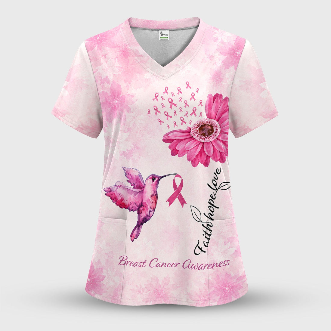 Breast Cancer Awareness Hummingbird Nurse Scrub Top