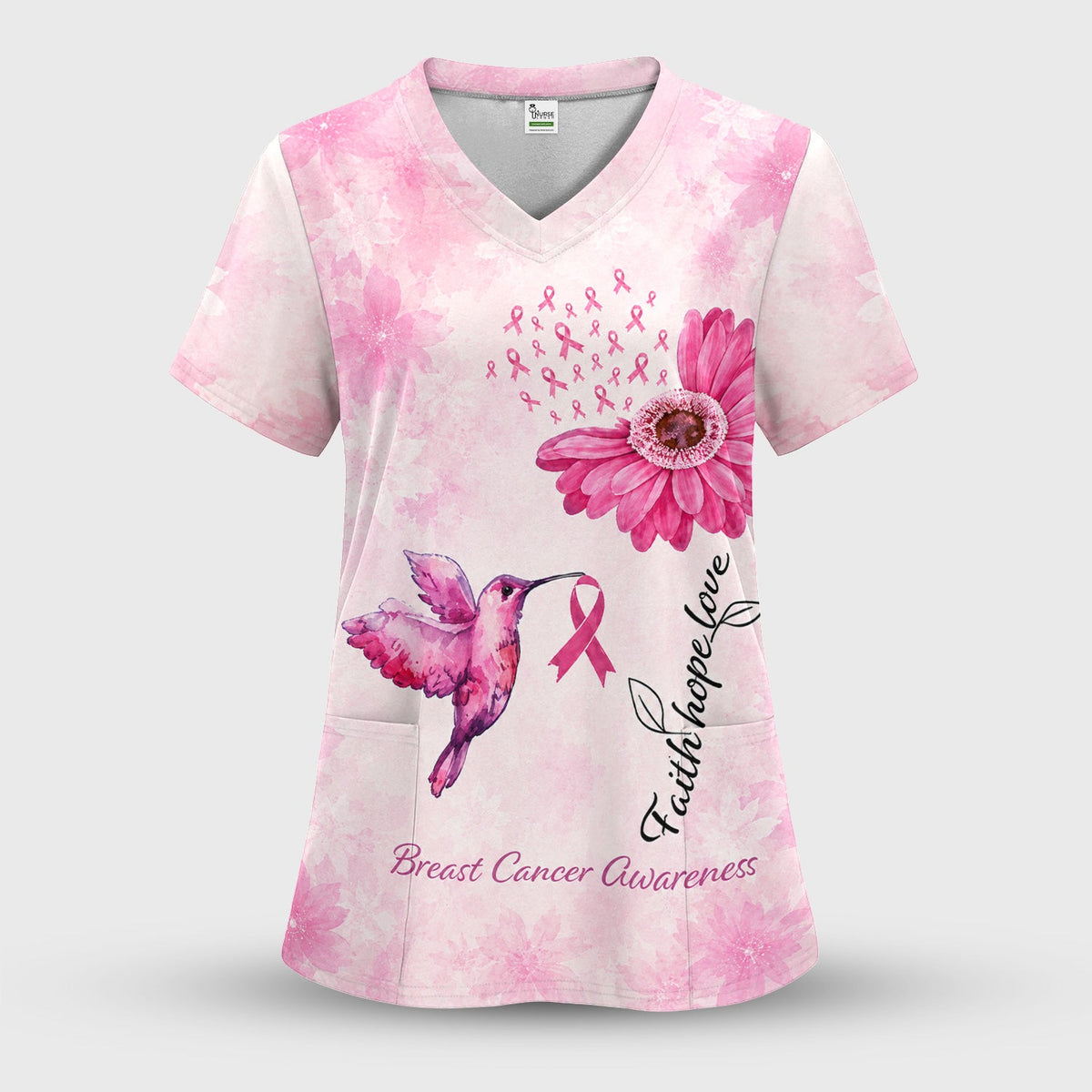 Breast Cancer Awareness Hummingbird Nurse Scrub Top