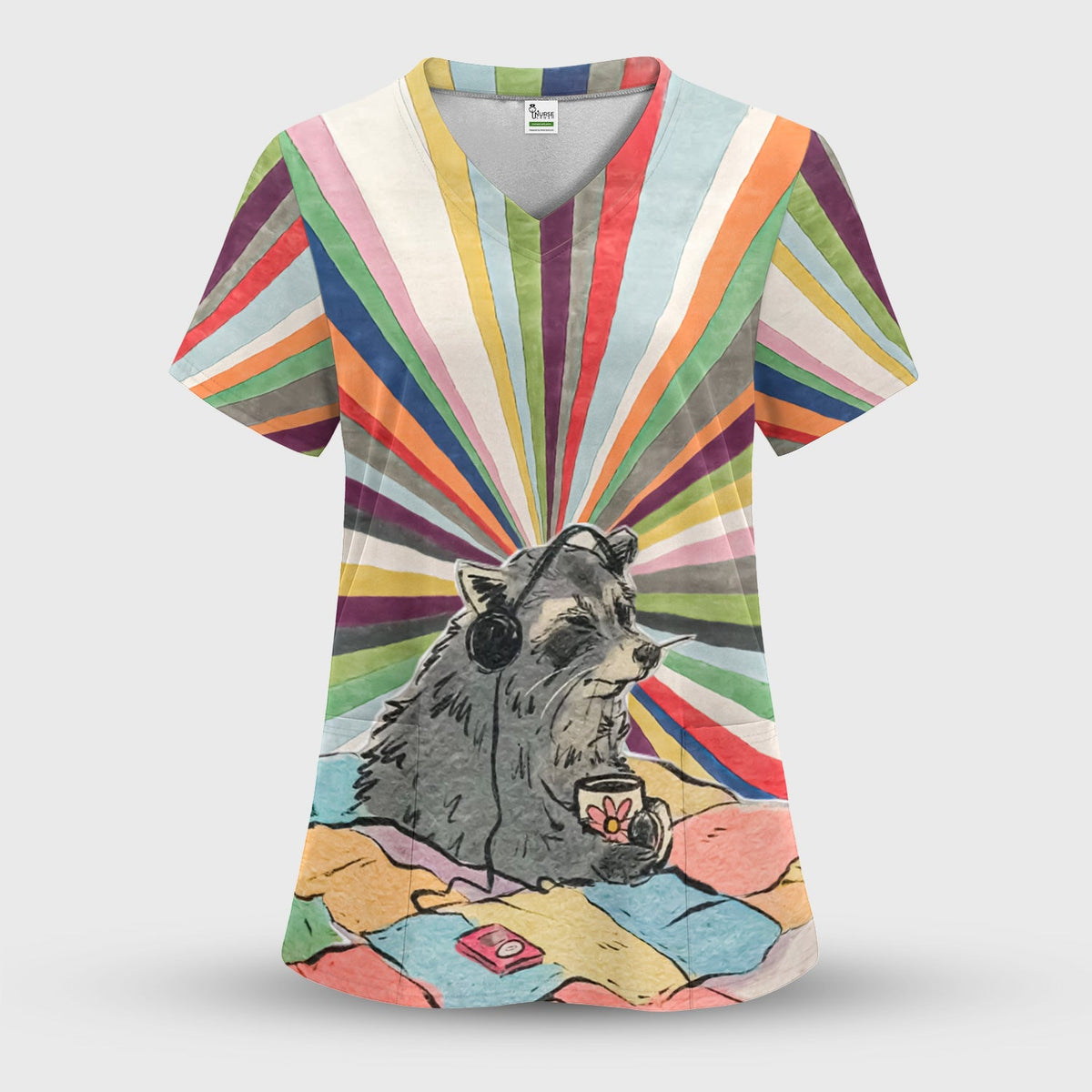Chill Raccoon Rainbow Music Nurse Scrub Top