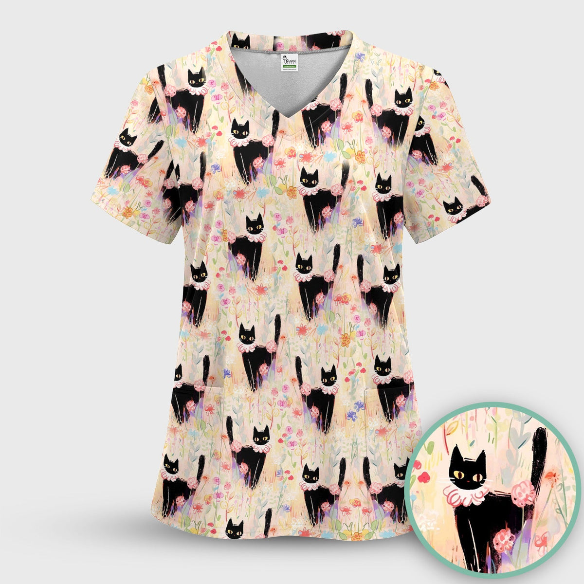 Black Cat Floral Garden Nurse Scrub Set