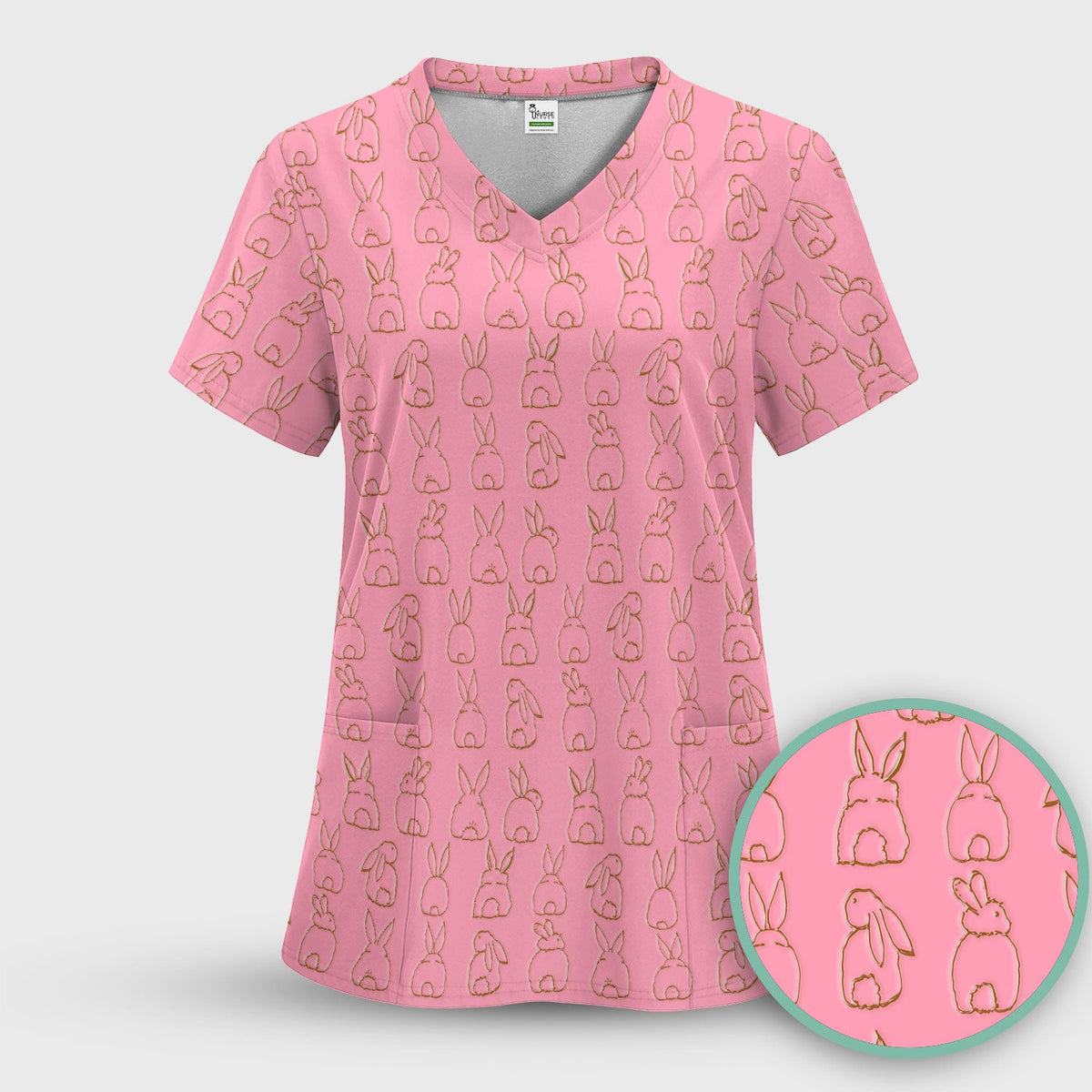 Cartoon Bunny Line Art Nurse Scrub Top - Easter Gift