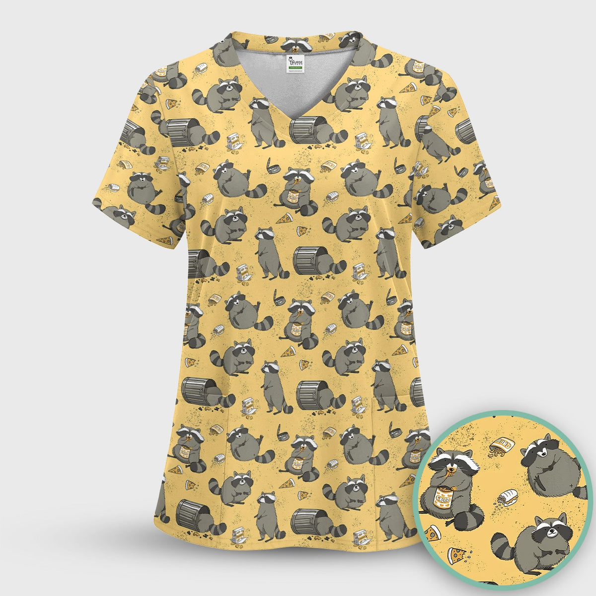 Raccoon Snack Trash Can Nurse Scrub Set