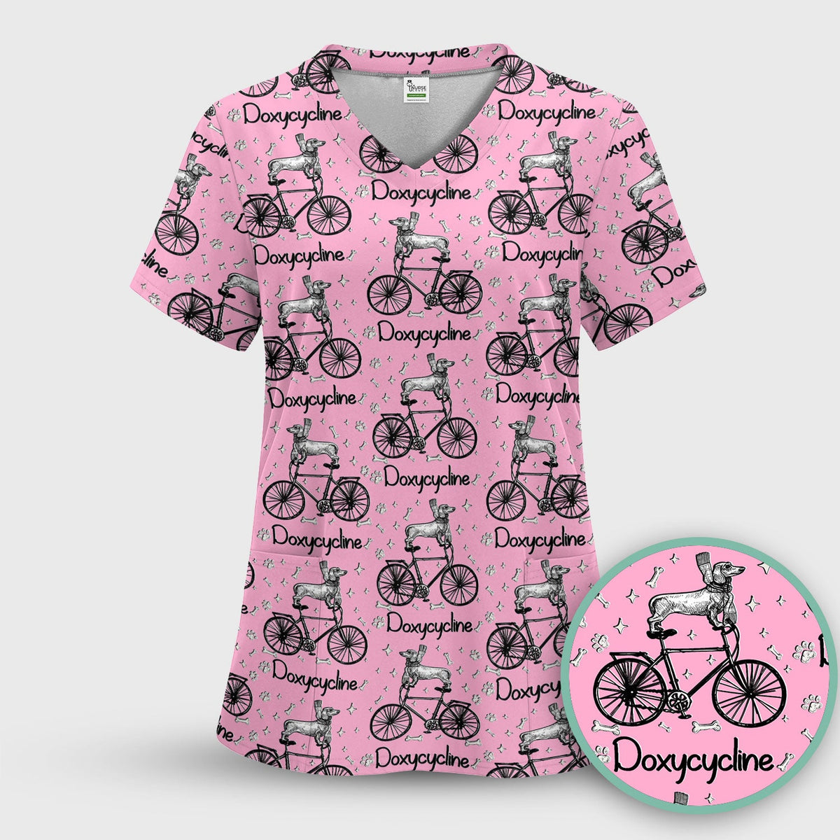 Funny Doxycycline Dog Bicycle Print Scrub Top, Comfortable Scrubs for Nurses