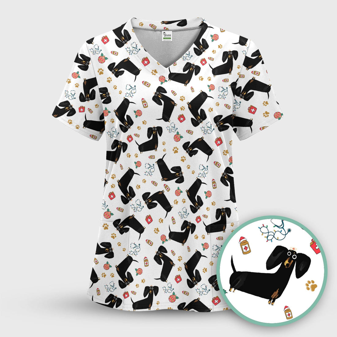 Black Dachshund Nurse Scrub Top - Gift For Dog Lover