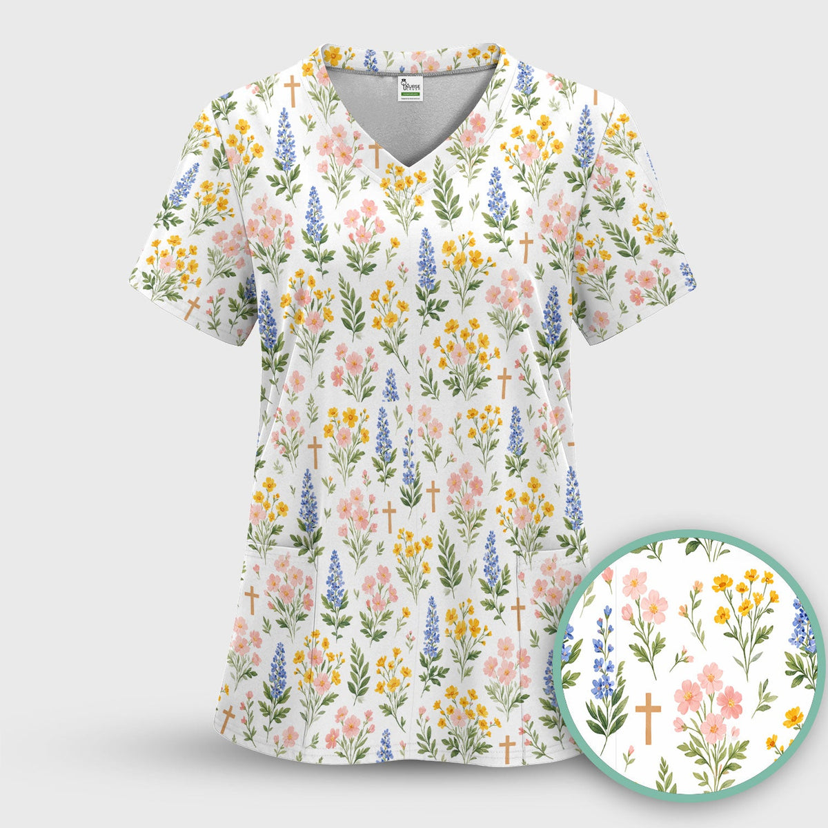 Pastel Floral Cross Nurse Scrub Top