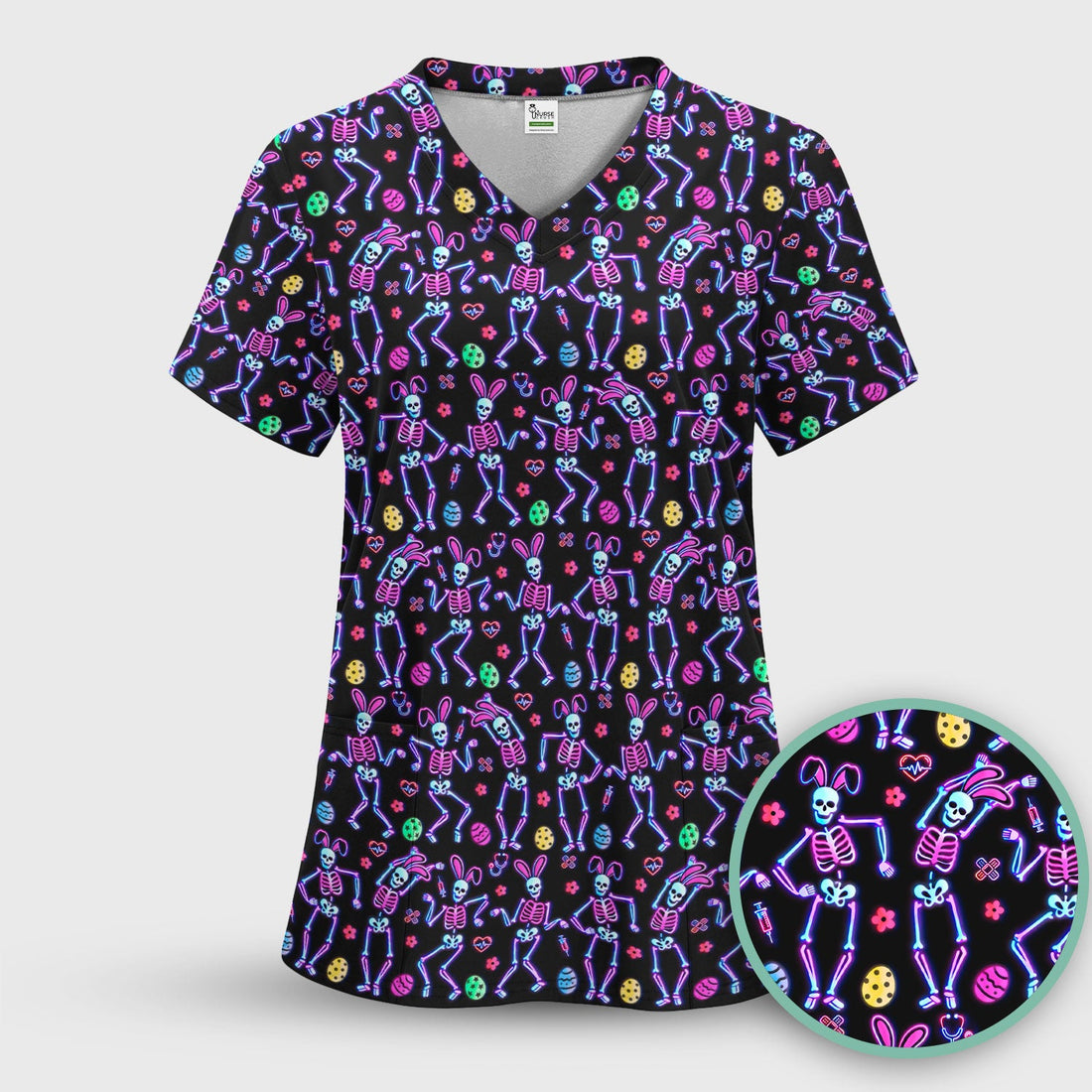 Neon Easter Skeleton Pattern Scrub Top, Comfortable Scrubs for Nurses