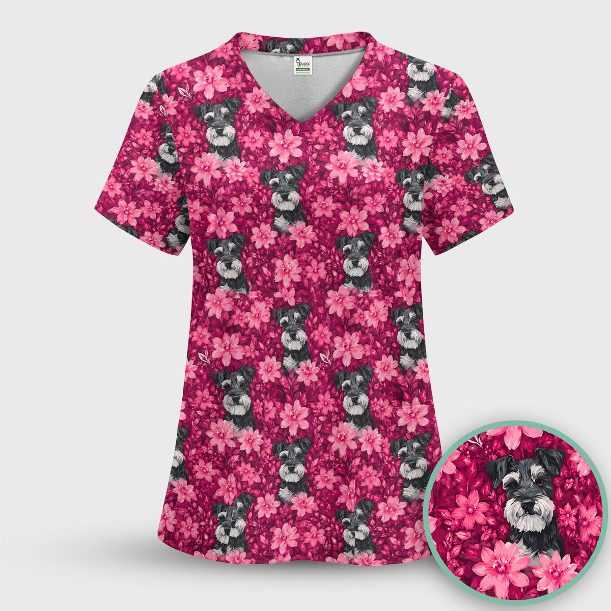 Pink Floral Schnauzer Nurse Scrub Top