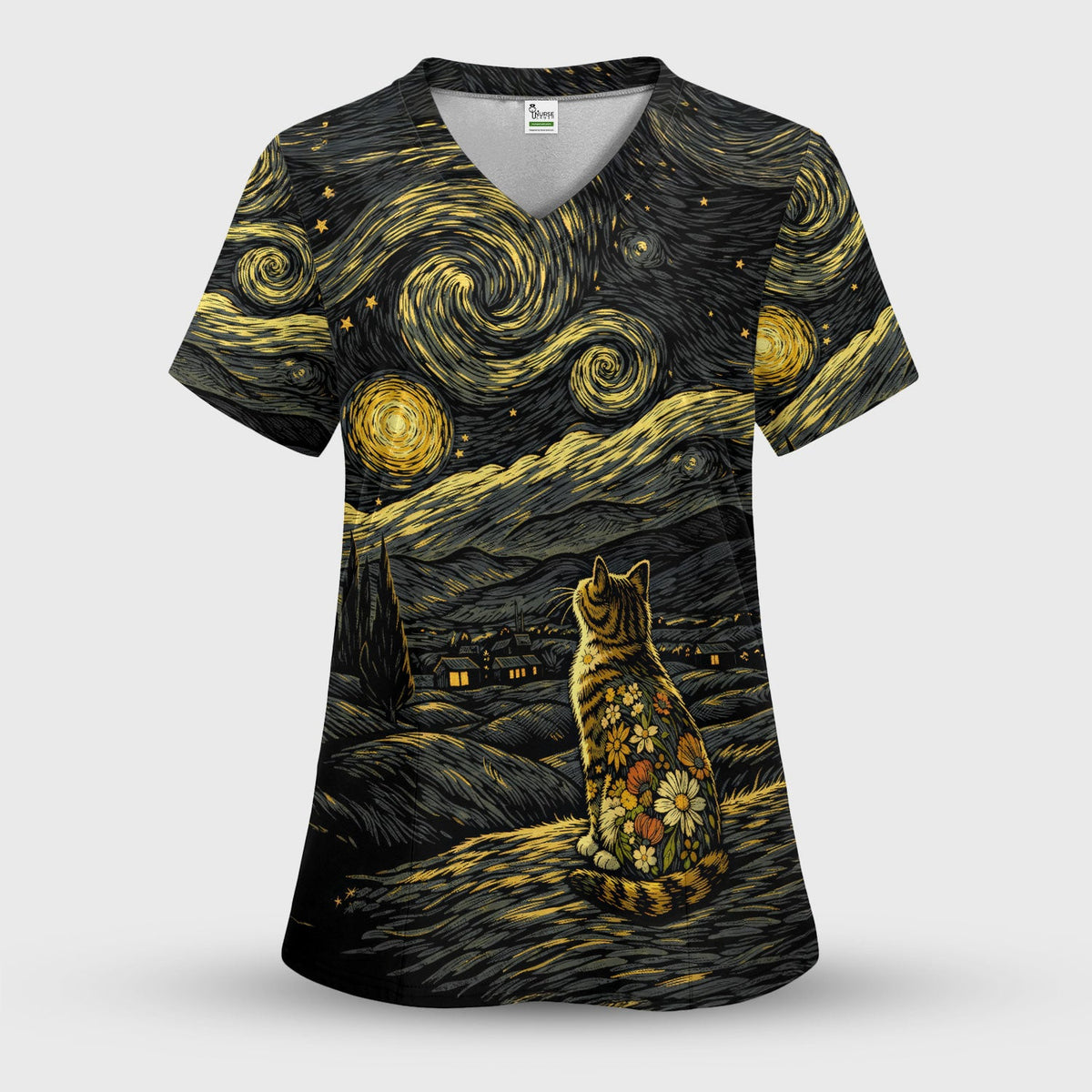 Galaxy Night Sky Cat Flowers Nurse Scrub Top