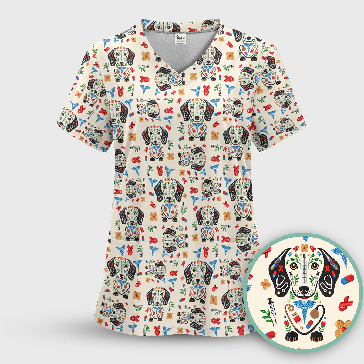 Dachshund Medical Icon Pattern Scrub Set, Women's Scrub Sets