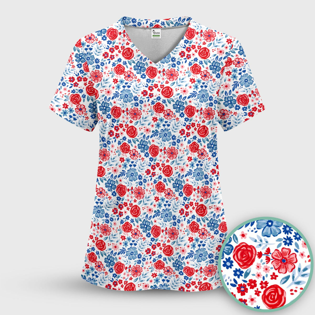 Red Blue Floral Garden Blossom Nurse Scrub Top