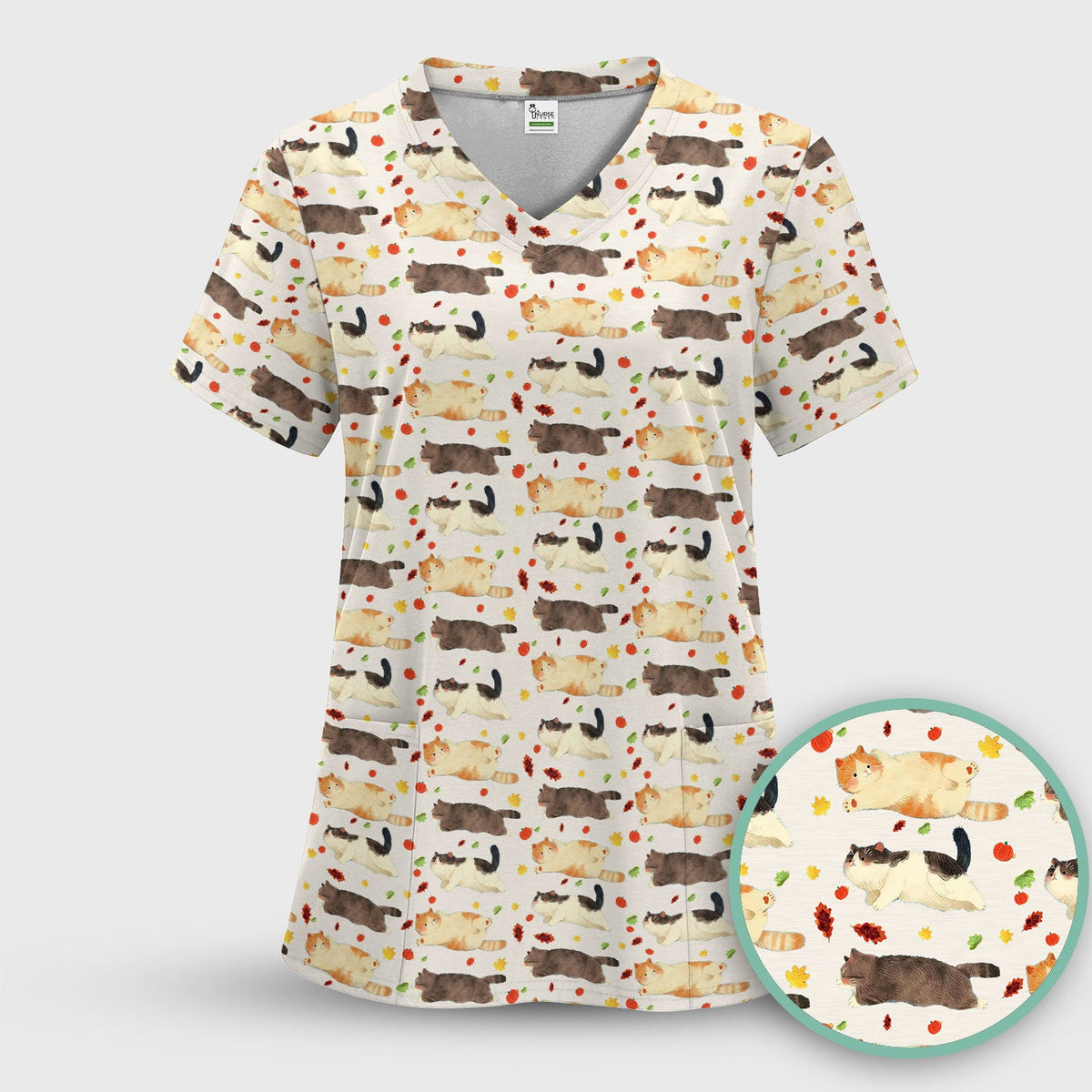 Chubby Cat Autumn Leaves Nurse Scrub Top