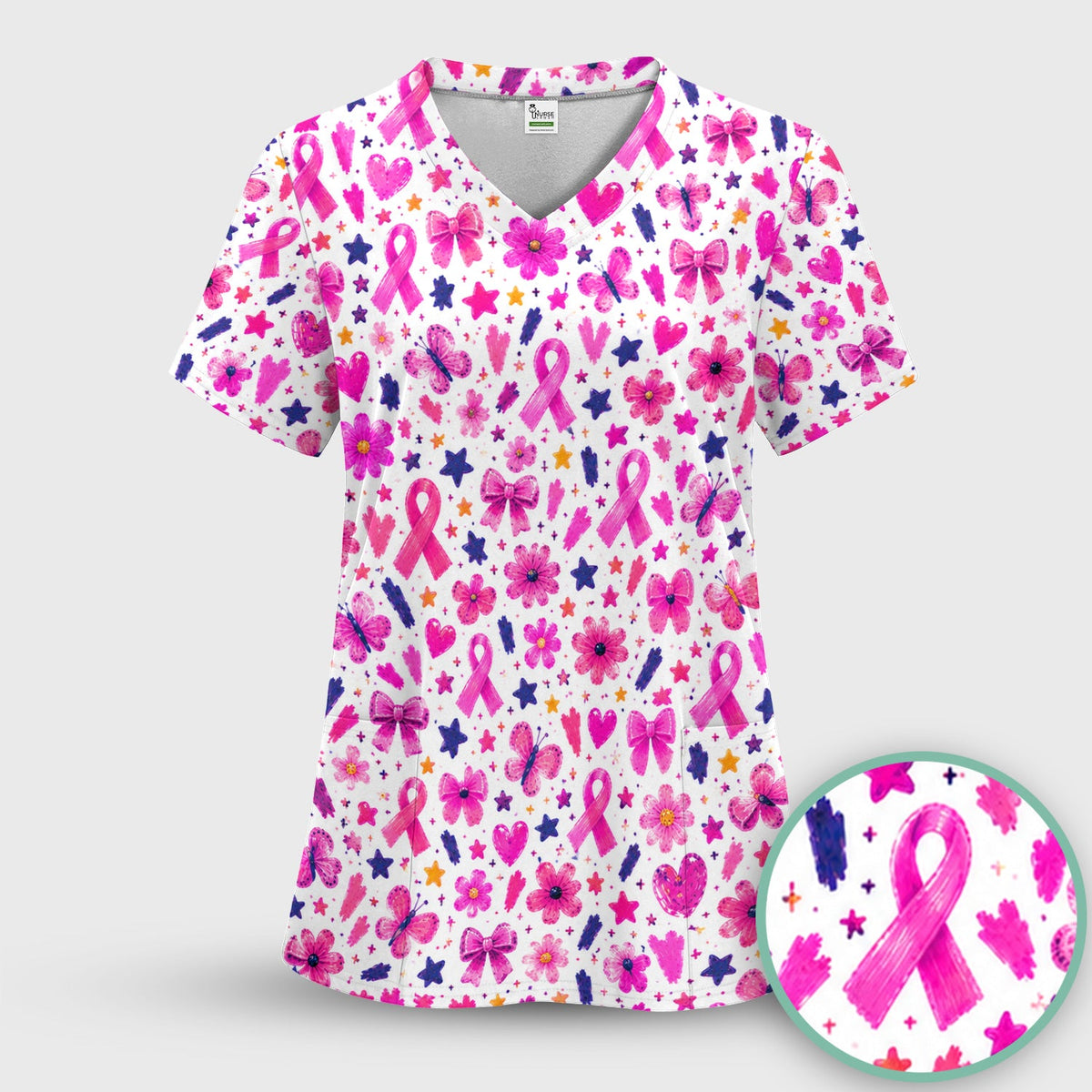 Pink Ribbon Floral Breast Cancer Nurse Scrub Top