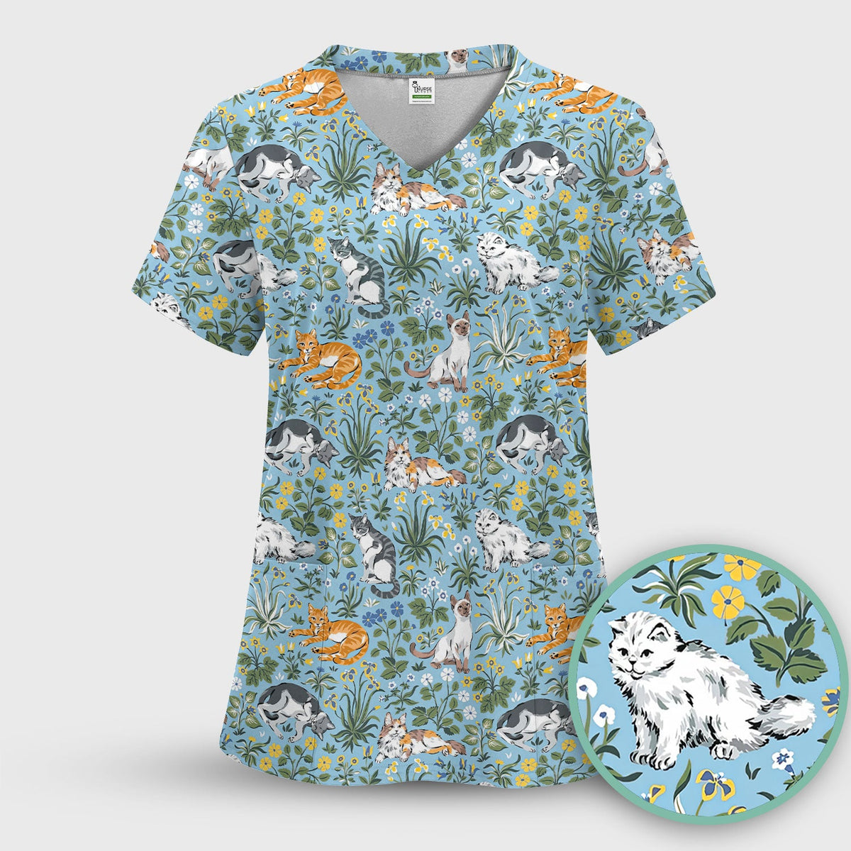 Floral Cat Garden Nurse Scrub Top