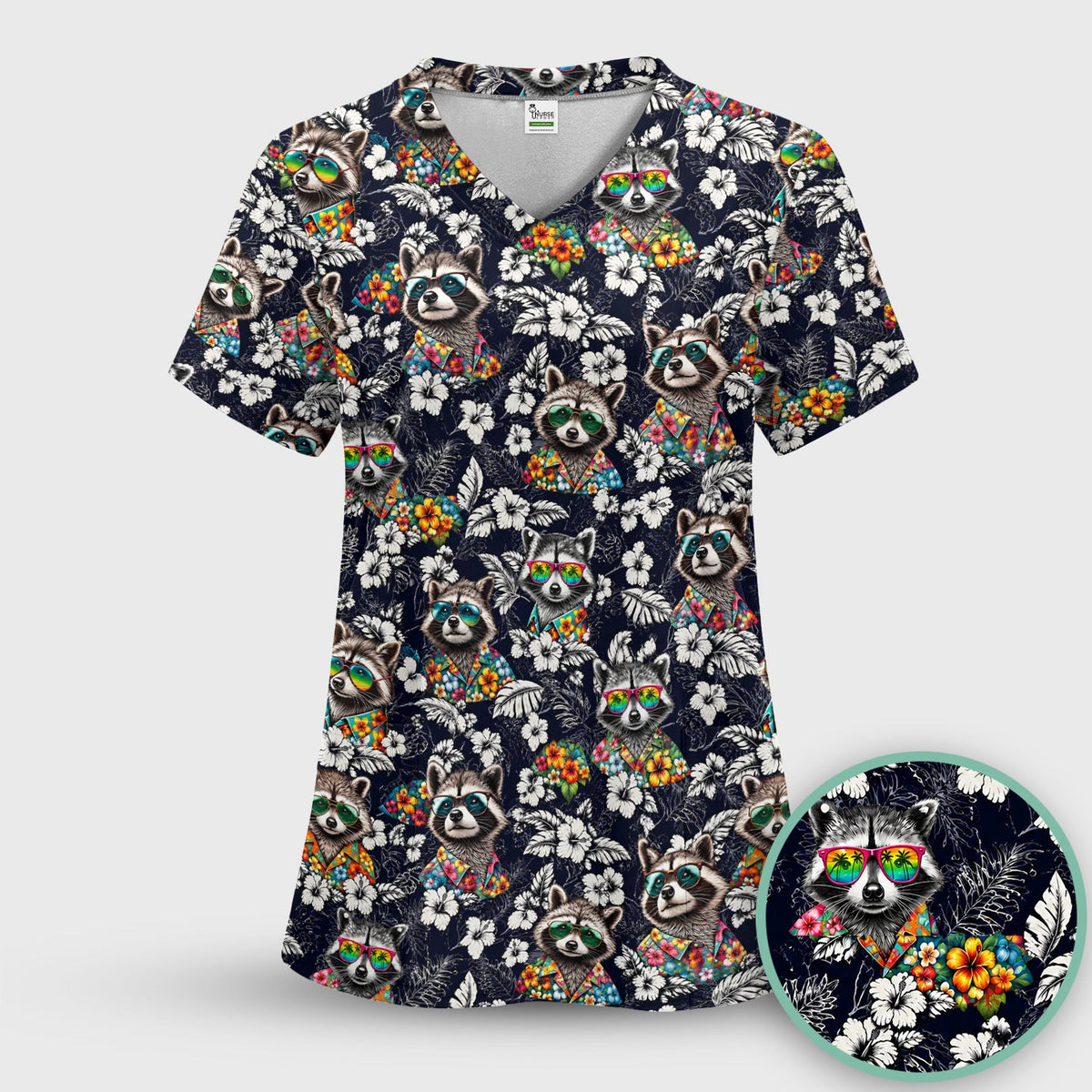Tropical Raccoon Floral Nurse Scrub Top