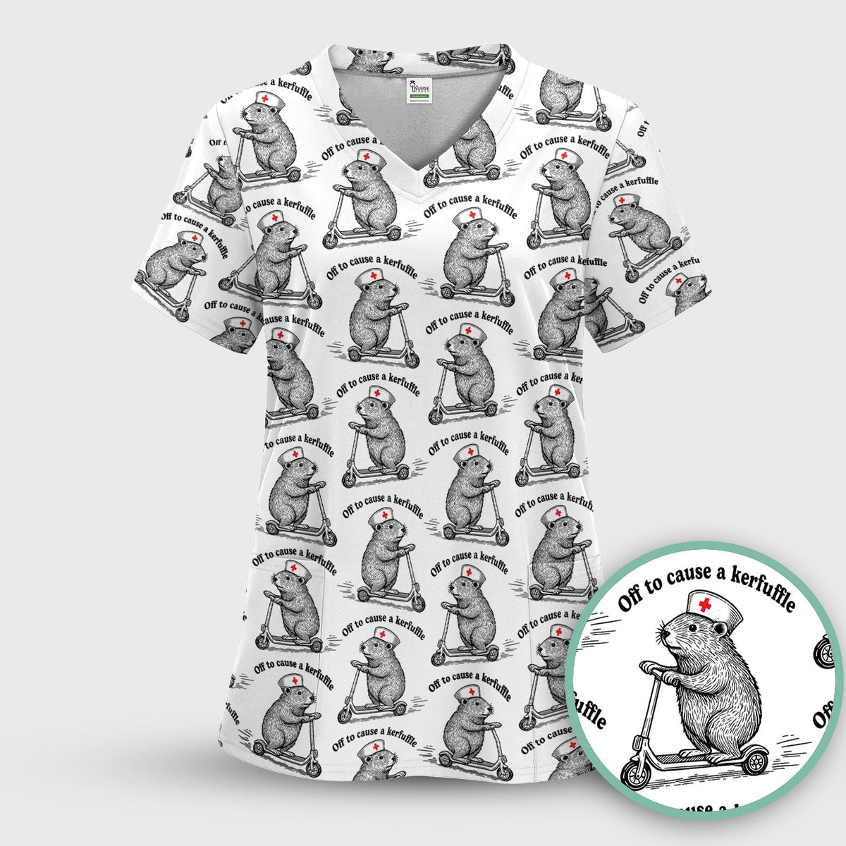 Funny Nurse Mouse Scooter Print Scrub Top, Comfortable Scrubs for Nurses