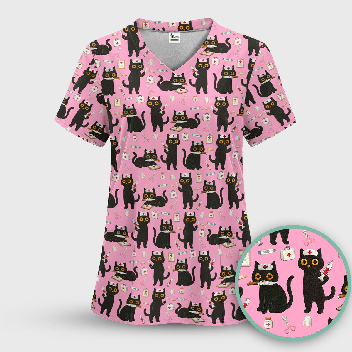 Cute Black Cat Nurse Scrub Top