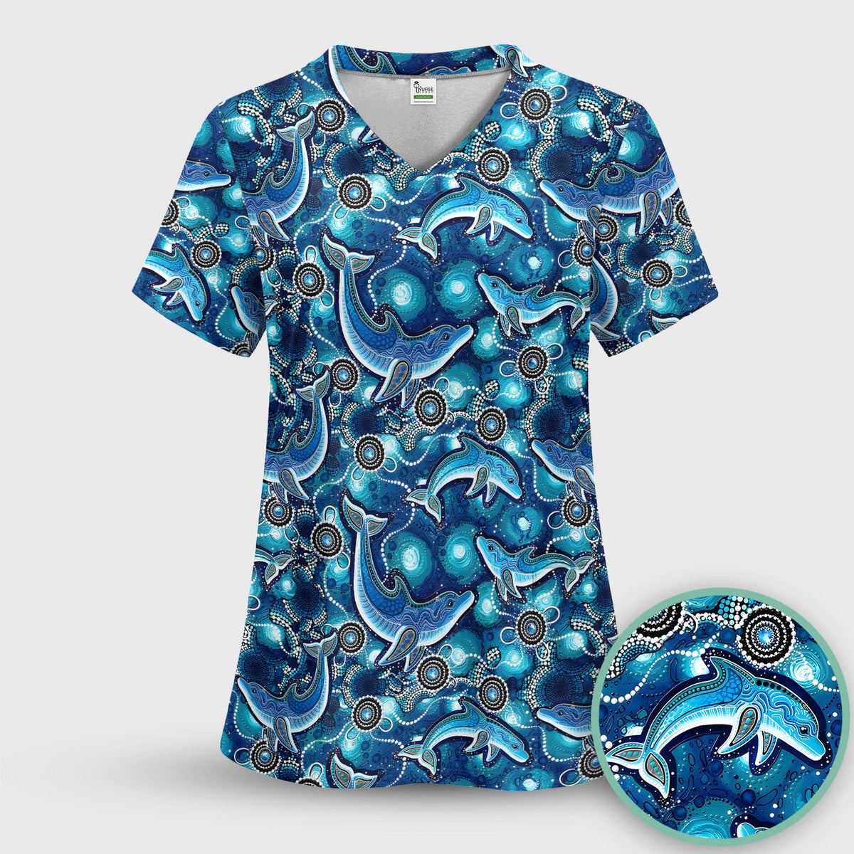 Ocean Dolphin Aboriginal Dot Print Scrub Top, Comfortable Scrubs for Nurses