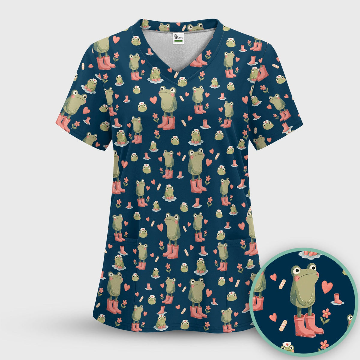Adorable Frog Boots Heart Nurse Scrub Set
