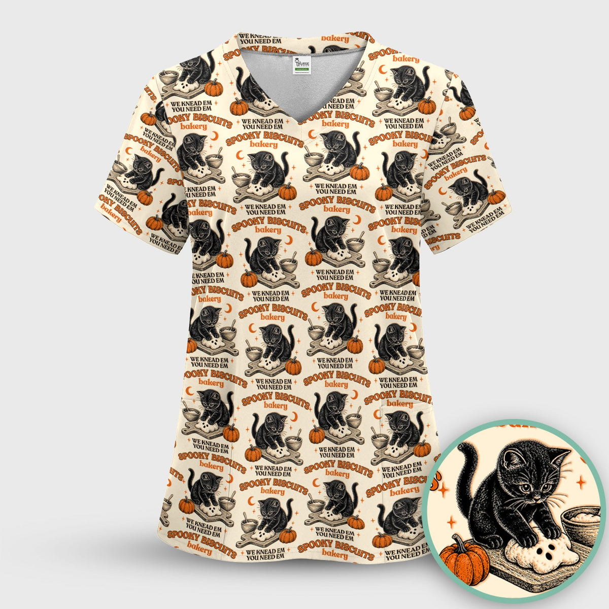 Black Cat Nurse Scrub Top - Halloween Gift
