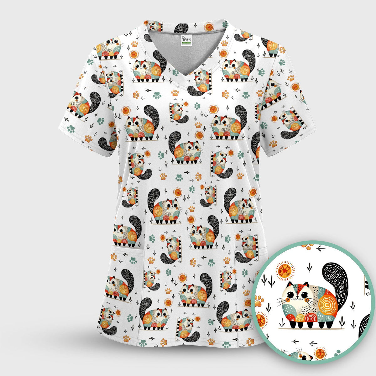 Cat Illustration Nurse Scrub Top