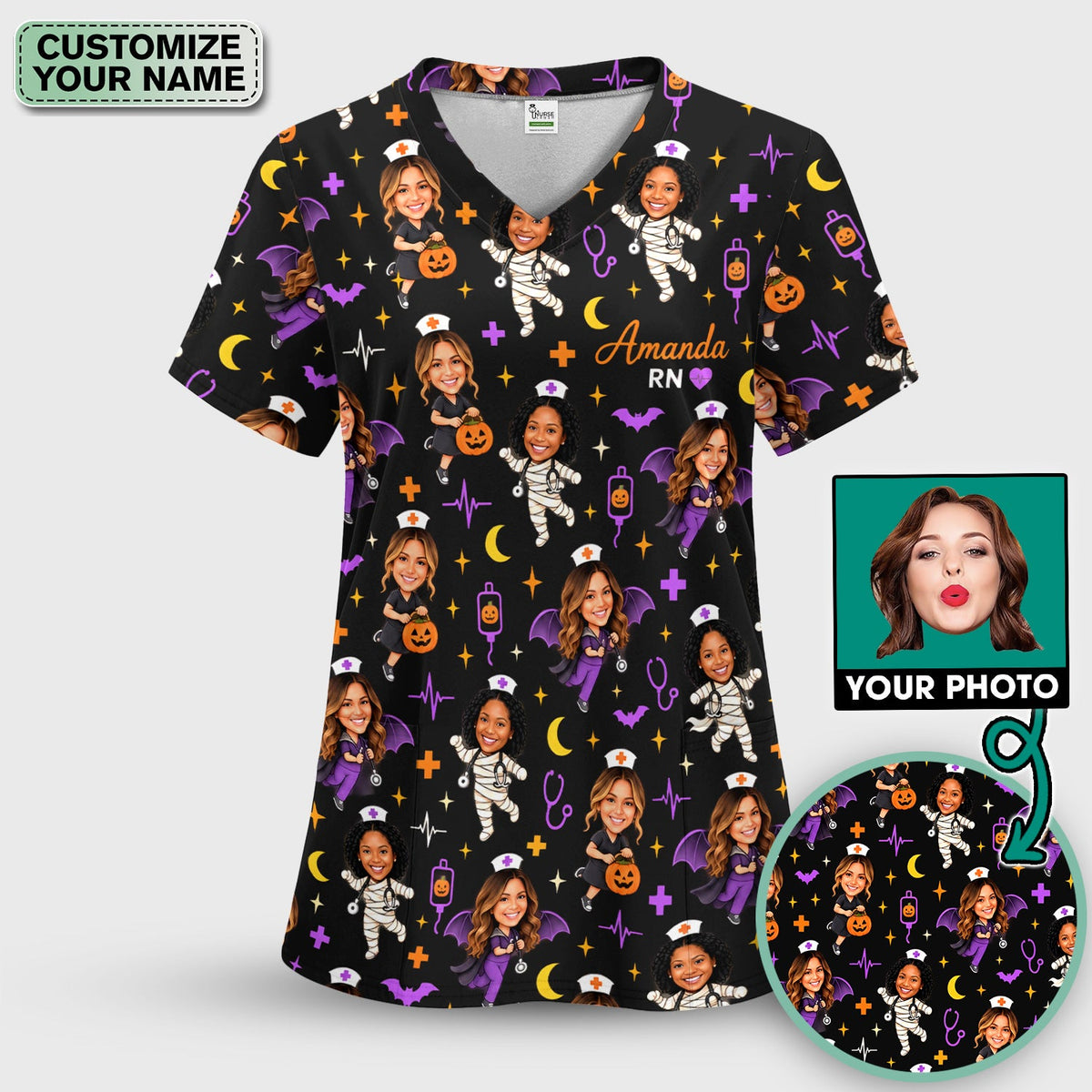 Personalized Halloween Photo Nurse Scrub Set