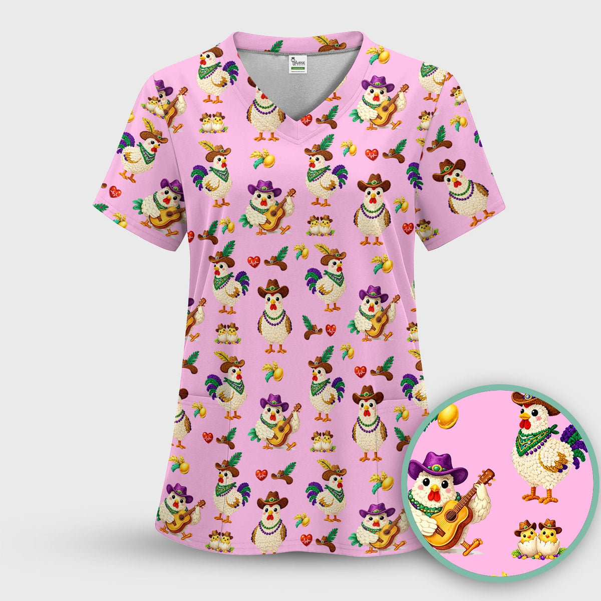 Mardi Gras Rooster Cowboy Nurse Scrub Set