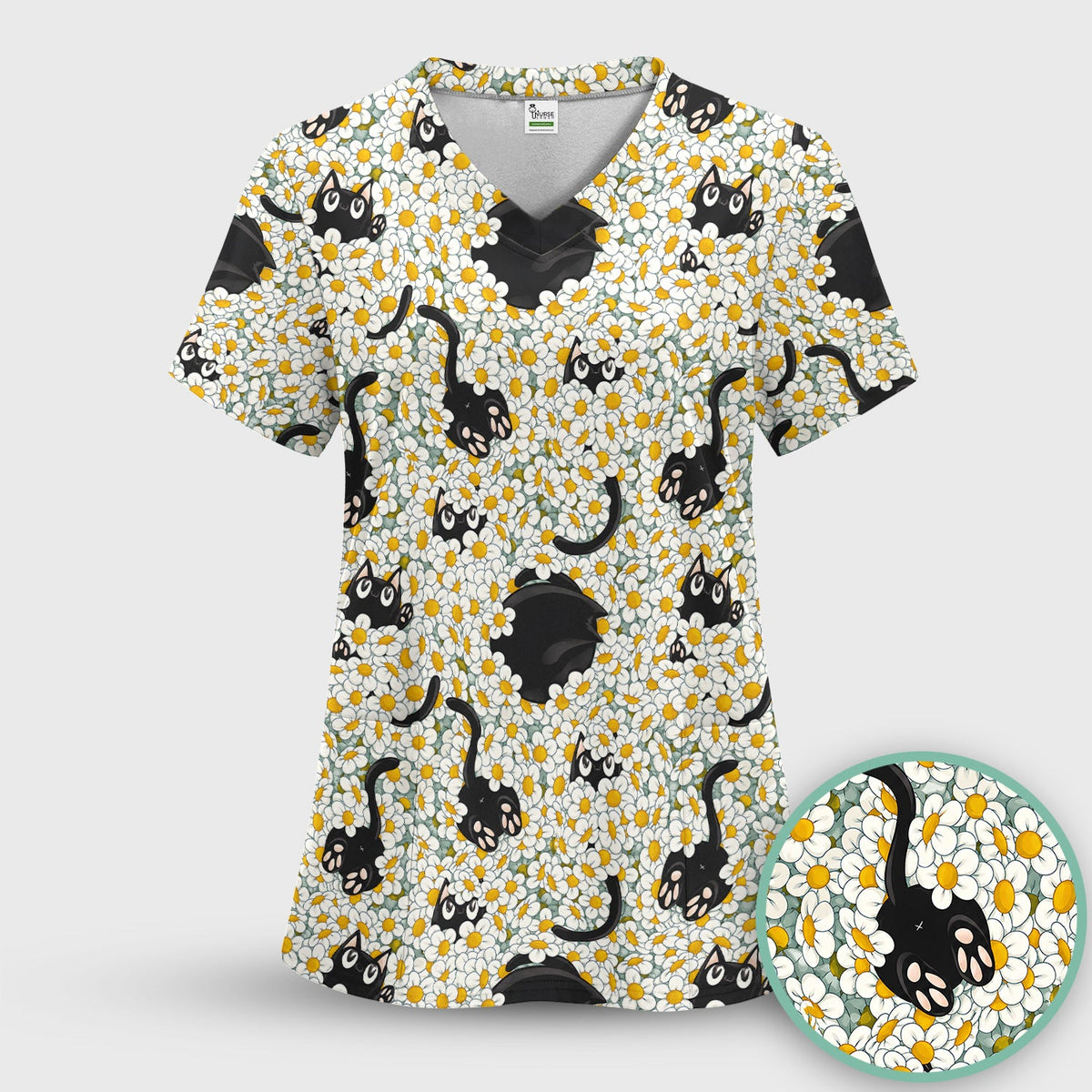 Daisy Black Cat Nurse Scrub Top