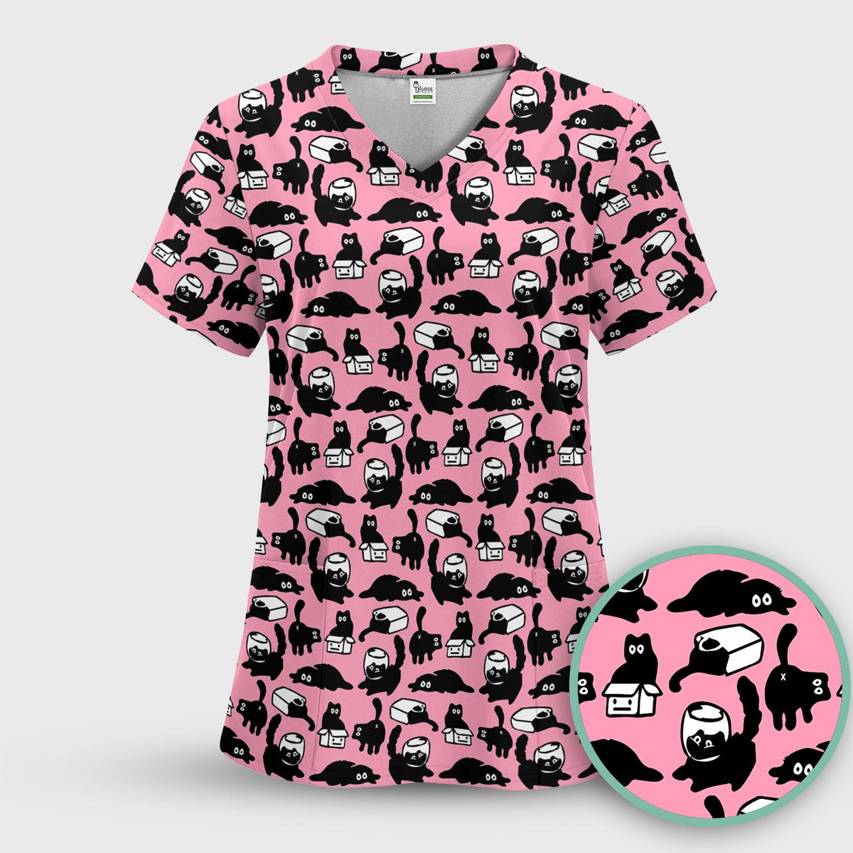 Dark Playful Cat Cartoon Pattern Scrub Set, Breathable Med Uniform