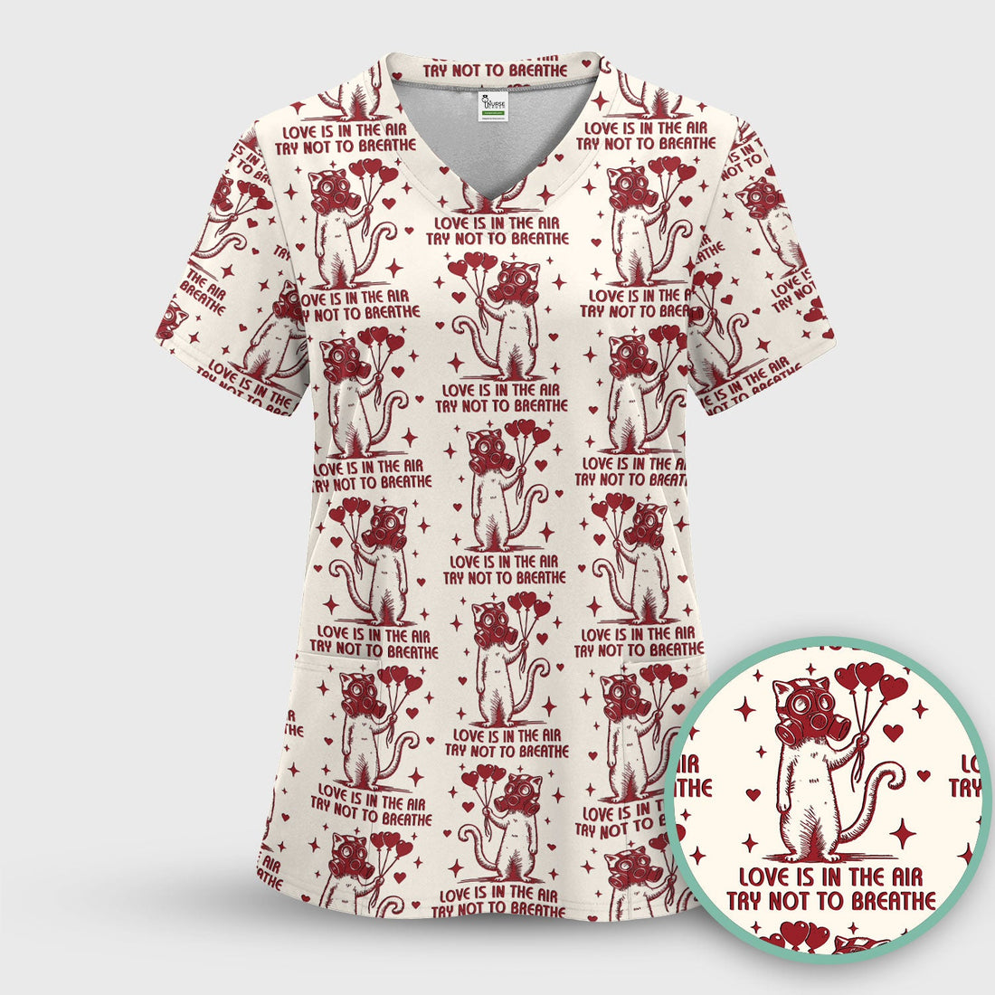 Gas Mask Cat Balloon Nurse Scrub Top - Valentines Day Gift