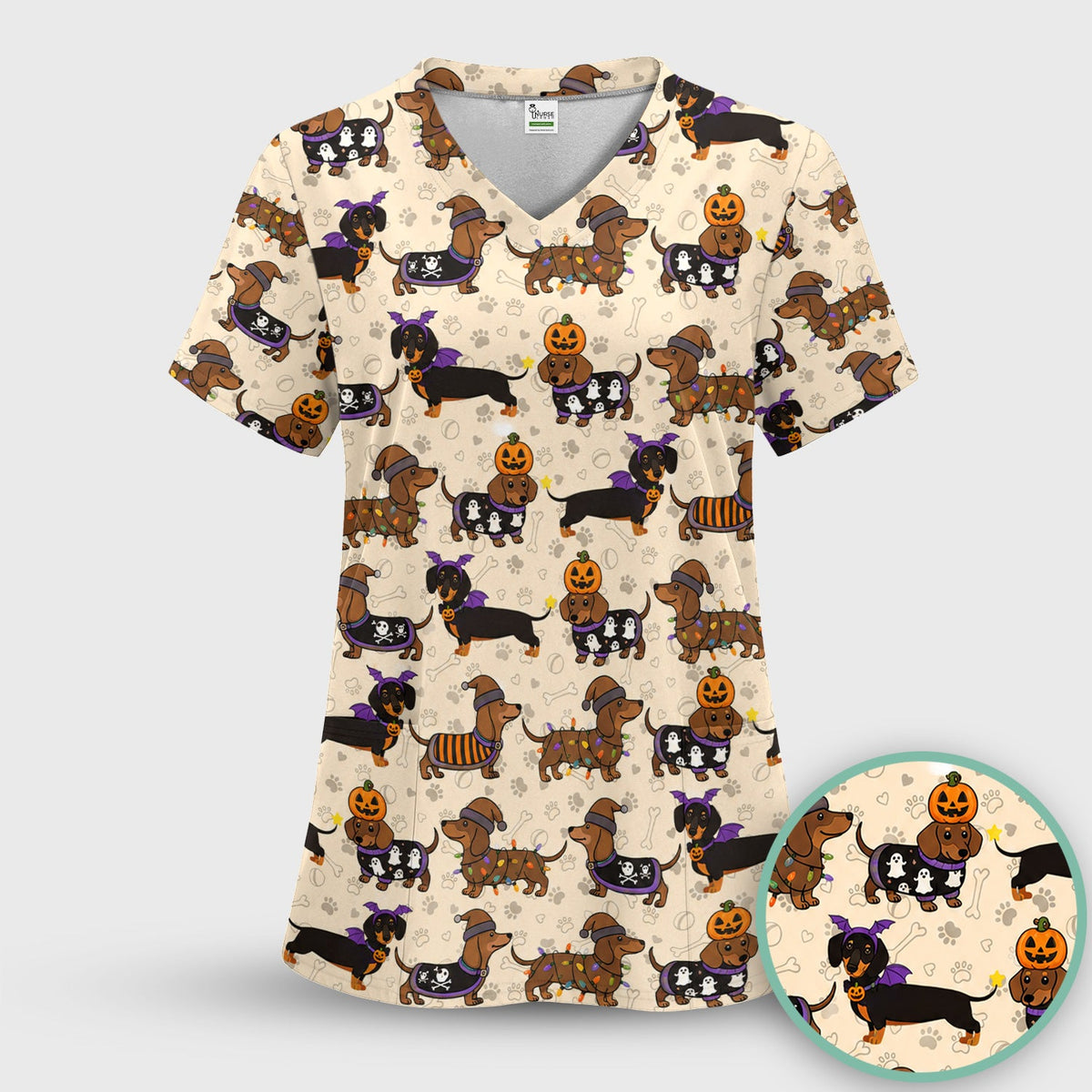Dachshund Pumpkin Ghost Nurse Scrub Top - Halloween Gift