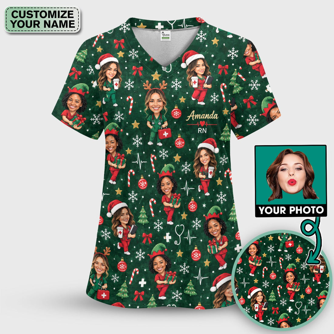 Personalized Christmas Photo Nurse Scrub Top