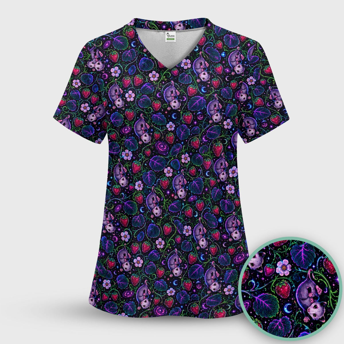 Galaxy Strawberry Opossum Nurse Scrub Top - Gift For Cat Lover